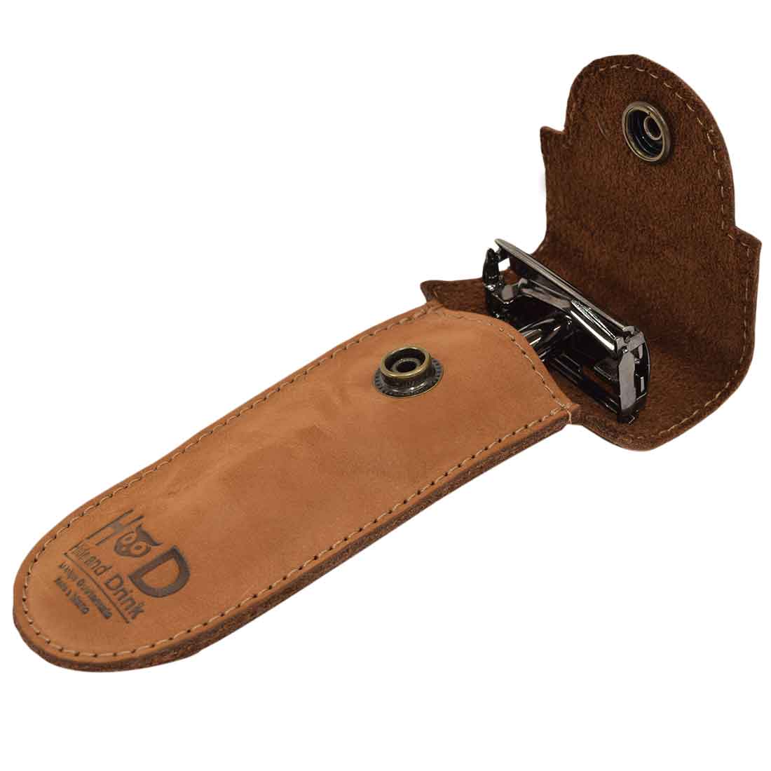 Hide & Drink Barber Razor Sheath featuring a sleek light brown design, showcased as a Double Edge Protector Case. This Safety Cover emphasizes portable carry, ideal for travel and crafted from premium Full Grain Leather.