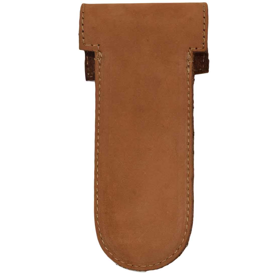 Hide & Drink Barber Razor Sheath presented alongside an artisan branding card, showcasing a chic Double Edge Protector Case in brown leather. This Safety Cover is perfect for those seeking travel and commuter essentials.