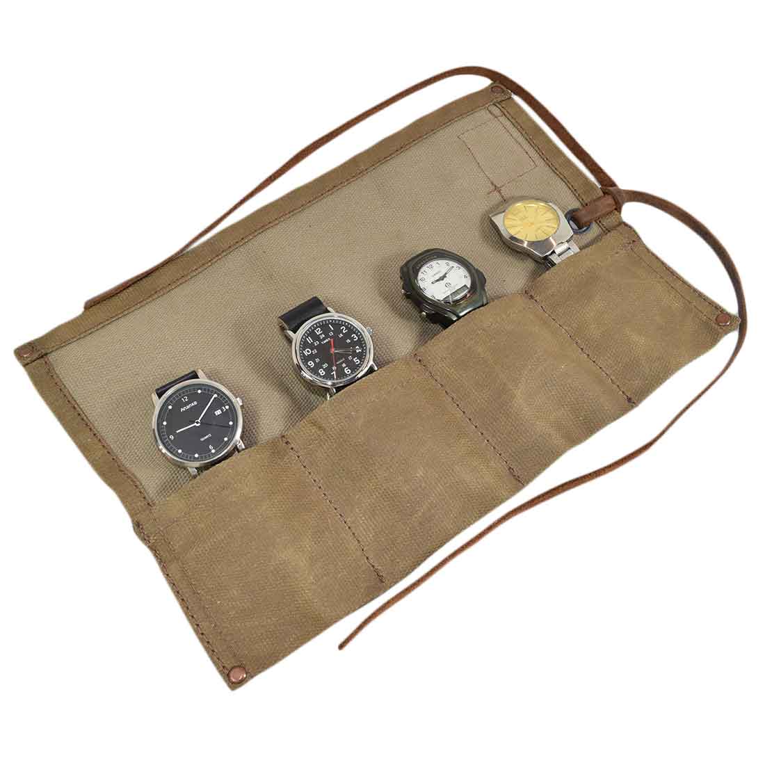 Featuring four watches, the Waxed Canvas Watch Roll by Hide & Drink is a stylish and practical solution for watch lovers. Its handmade design is perfect for easy transport and safe storage.