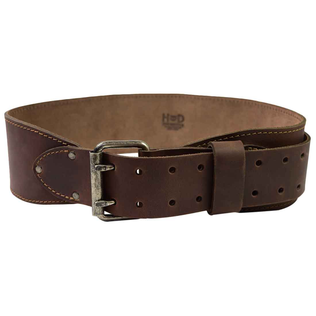Hide & Drink’s Weightlifting Belt made from full grain leather, showcasing a double prong buckle design. Ideal for functional fitness, this 3 in. wide belt fits waist sizes 31 in. to 38 in. Crafted with artisan skill in La Antigua Guatemala & Oaxaca Mexico, it features small batch production that ensures quality and authenticity.