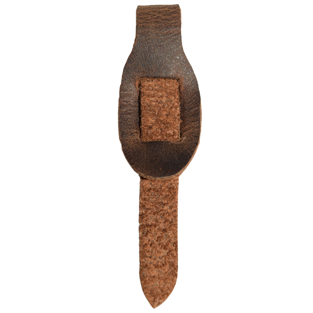 Close-up view of a single Rustic Zipper Pull Replacement by Hide & Drink, showcasing its full grain leather design. This zipper pull is part of a set of 6, suitable for backpacks, jackets, wallets, luggage, and bags. Each piece is hand cut, hand sewn, and fire branded, reflecting artisan craftsmanship from La Antigua Guatemala & Oaxaca Mexico.