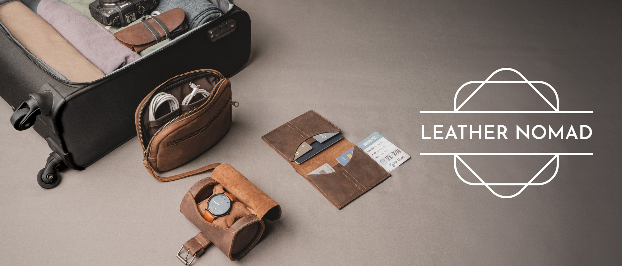 Leather Nomad collection featuring stylish travel accessories including a Traveler Sling Bag, Zippered Fanny Pack, and Magic Keyboard Sleeves, designed for modern wanderers who appreciate quality leather.