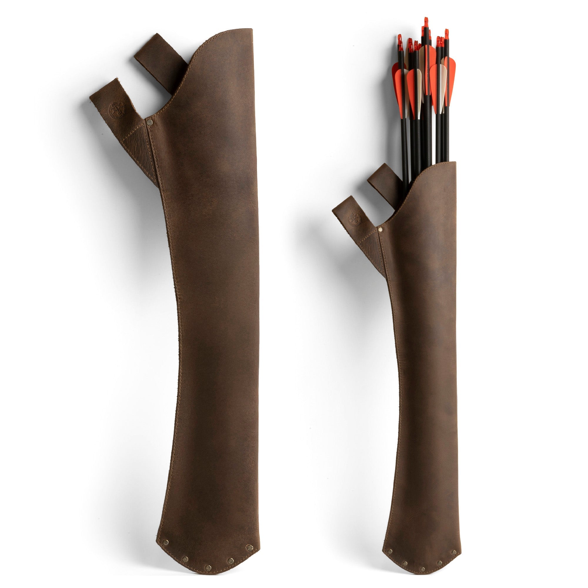 Valhalla Gear Hip Quiver showcasing a full grain leather design, ideal as a Leather Hip Quiver for Arrows, Hunting Quiver Arrow Holder, and an Archery Quiver Holder. The best compound bow arrow quiver for recurve bow and back quiver, this piece is tailored for archery crossbow quiver enthusiasts. Handcrafted in La Antigua Guatemala, it features small batch production, hand cut, hand sewn, and fire branded details.