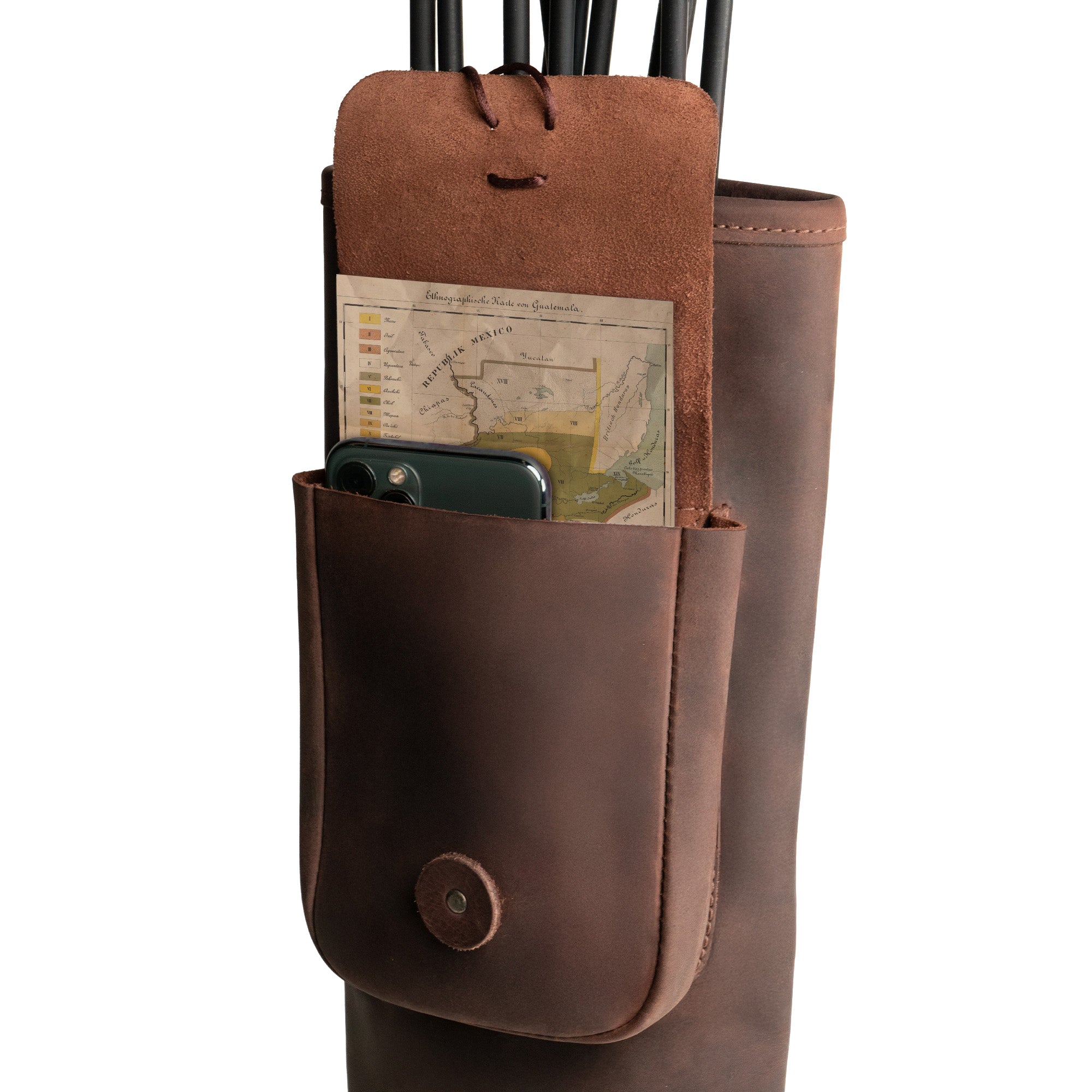 Close-up of the Premium Back Quiver by Valhalla Gear, presenting a practical design with a pocket for storage. This Rectangular Back Quiver with Adjustable Straps serves as a Handmade Arrow Quiver Holder for Arrows, suitable for Archery Sports and Bow Hunting. Made from Full Grain Leather, it reflects the artisan skills of Small Batch Production, Hand Cut, and Hand Sewn techniques.