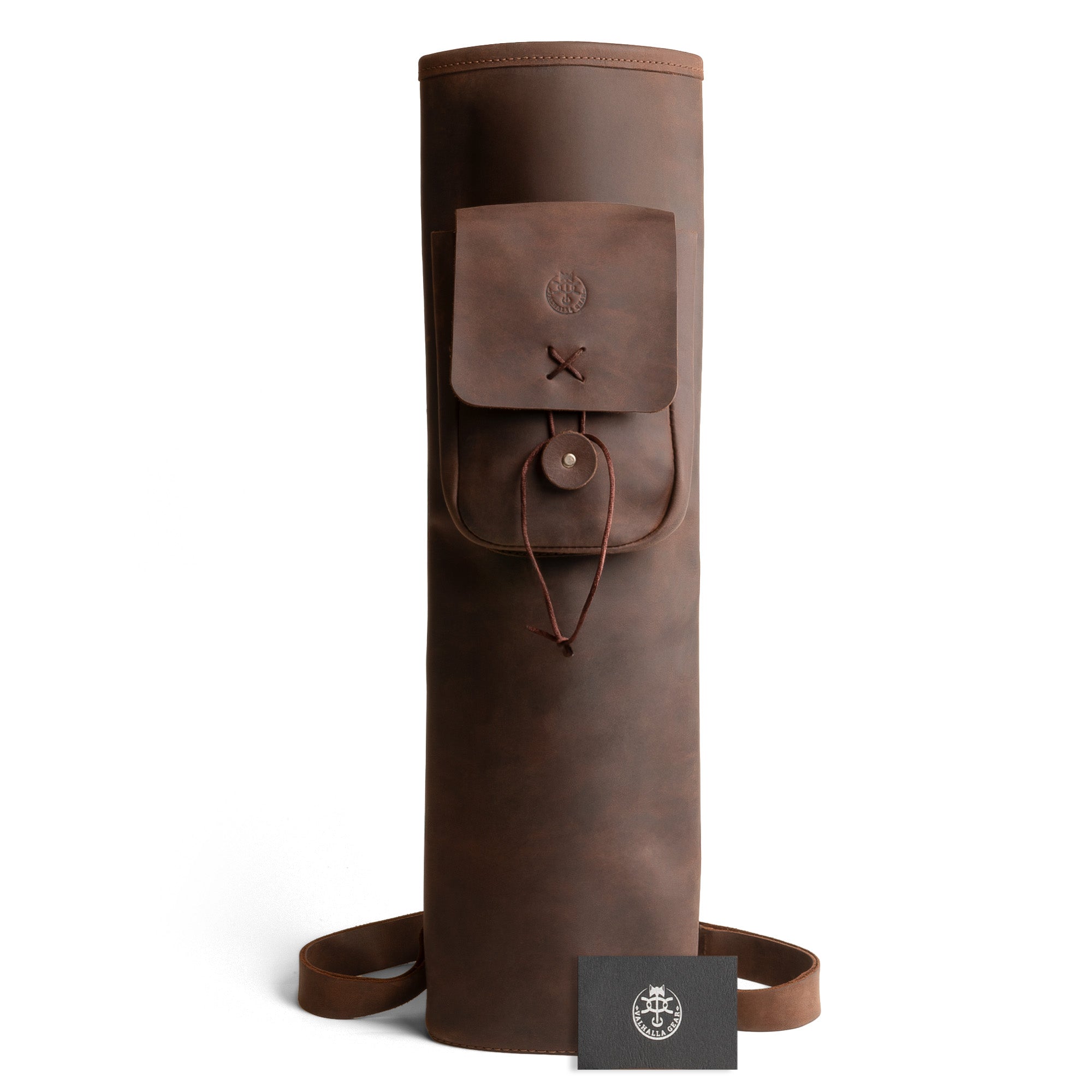 Classic Premium Back Quiver by Valhalla Gear, standing elegantly with a minimalistic design. The Rectangular Back Quiver with Adjustable Straps serves as a Handmade Arrow Quiver Holder for Arrows, excellent for Archery Sports and Bow Hunting. Crafted from Full Grain Leather, it showcases the quality that comes from Small Batch Production, Hand Cut, and Hand Sewn artistry.