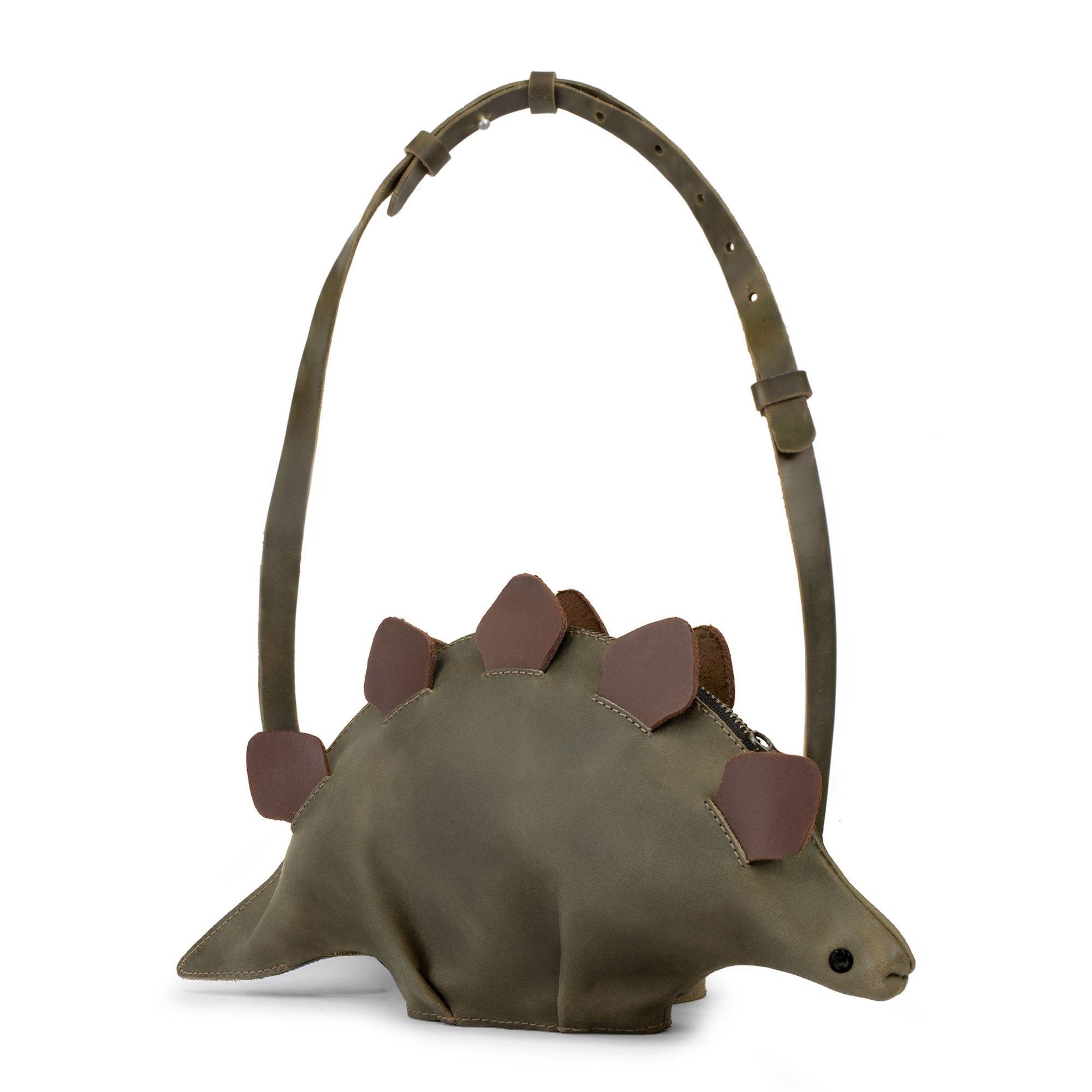 Dinosaur-Shaped (Stegosaurus) Shoulder Bag by Tudi Frudi, crafted from Full Grain Leather, showcasing its unique design as a Crossbody Bag. This stylish and functional Handmade in La Antigua Guatemala & Oaxaca Mexico offers the perfect addition to your collection.