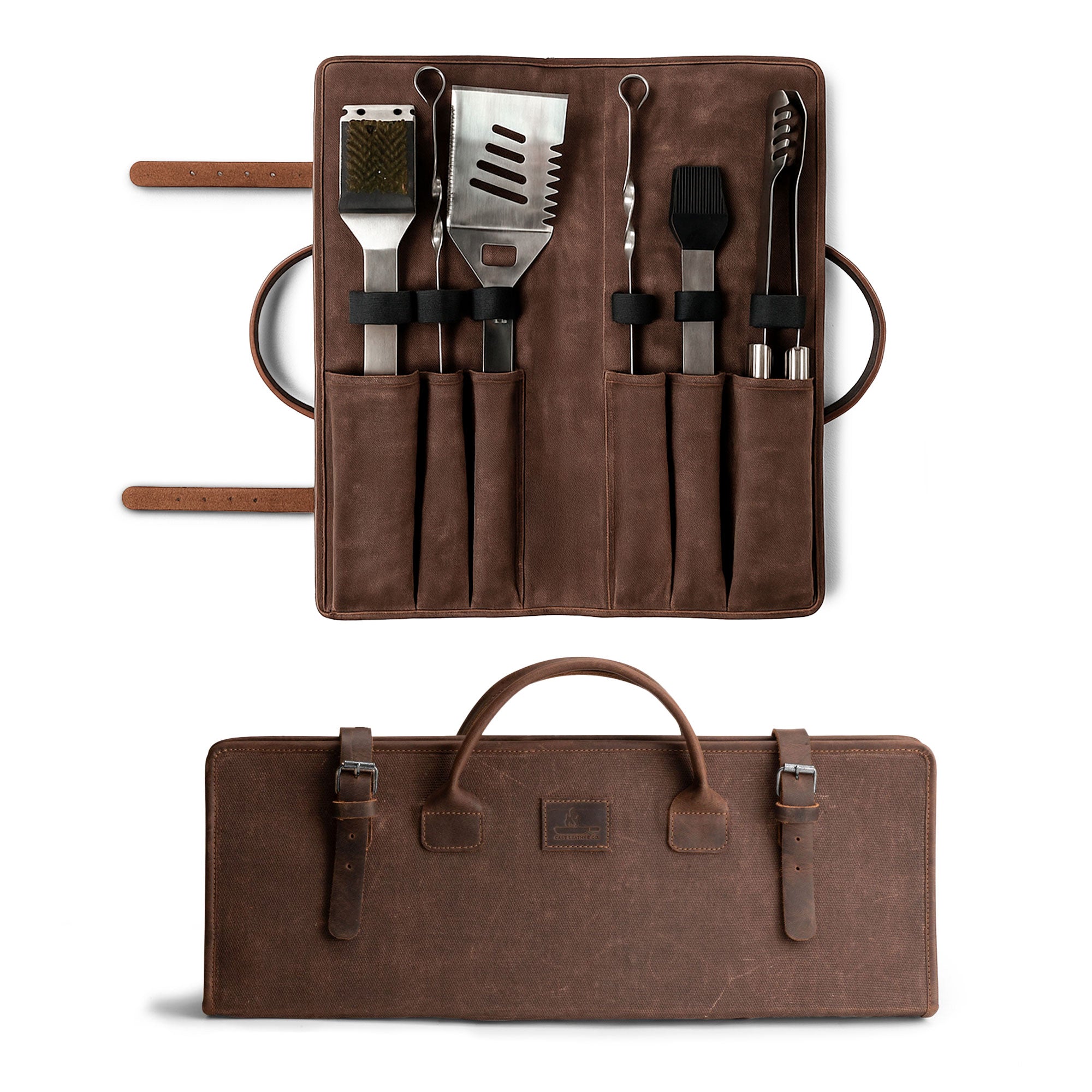 Cast Leather Co. Grill Tool Holder (Tools NOT included) showcasing a stylish carry bag for BBQ grilling accessories. This Grill Tools Set Case is crafted from full grain leather and waxed canvas, perfect for camping set storage for outdoor grilling enthusiasts. Hand cut, hand sewn, and fire branded, this artisan product embodies small batch production made in La Antigua Guatemala and Oaxaca Mexico.
