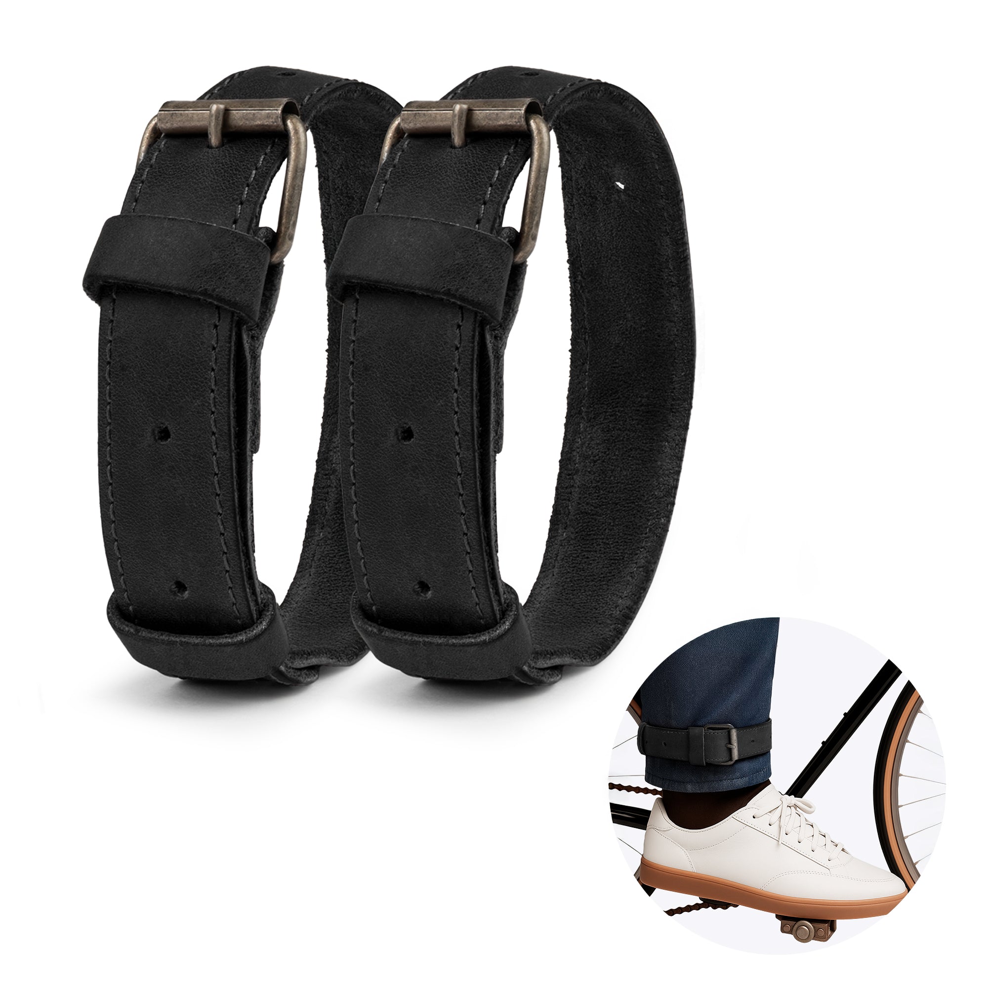 Bicycle Ankle Bands by Hide & Drink, showing a pair of Rustic Bicycle Ankle Bands with a classic Brass Metal Buckle. These Adjustable Straps for Legs are made of Full Grain Leather and serve as unique Vintage Gifts for Cyclists, handcrafted in La Antigua Guatemala.