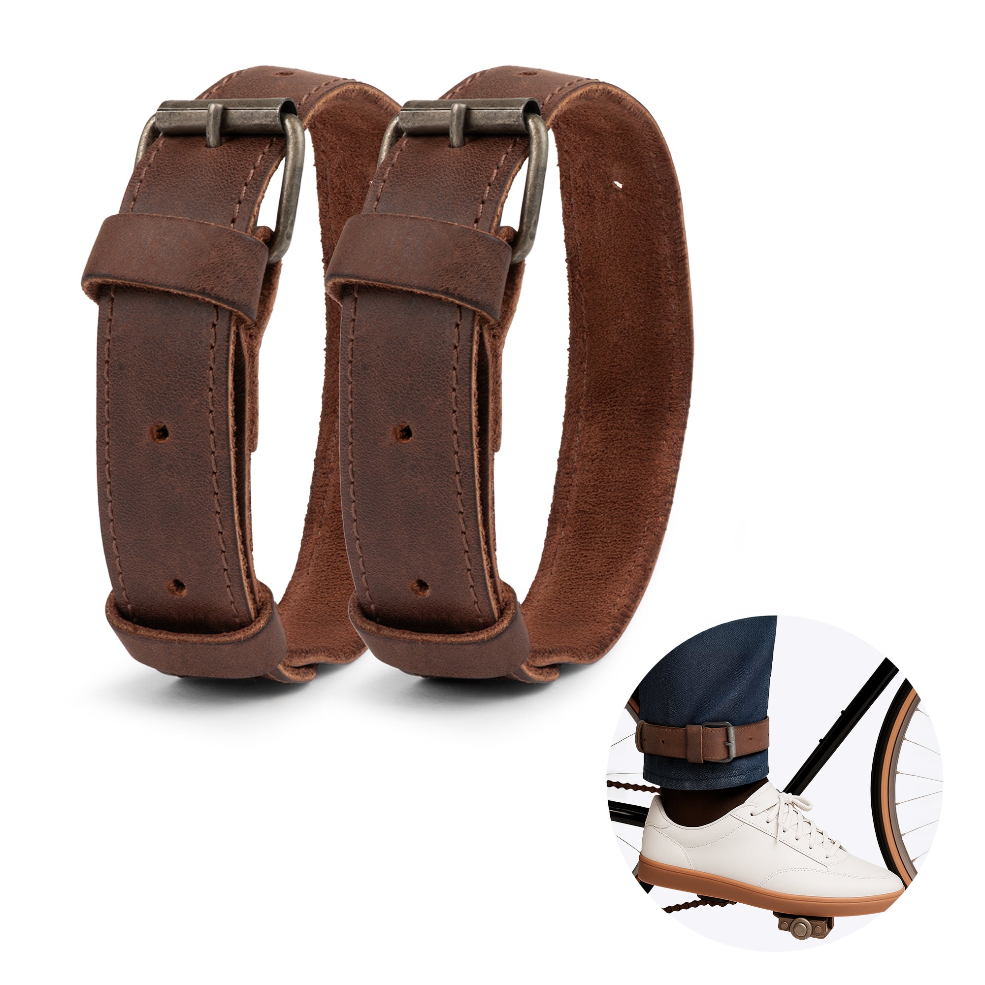 Bicycle Ankle Bands by Hide & Drink, featuring a Set of 2 Rustic Bicycle Ankle Bands with a Brass Metal Buckle. These Adjustable Straps for Legs are made from Full Grain Leather, designed as Classic Vintage Gifts for Cyclists. Hand Cut and Hand Sewn in La Antigua Guatemala, this artisan product showcases small batch production.