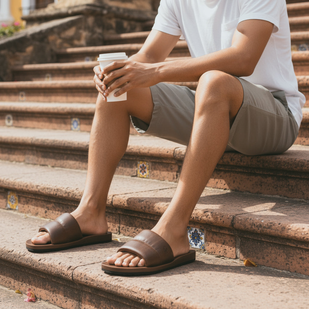 A person enjoying a coffee while wearing The Bayside Leather Slide from StockyardX, sitting stylishly on stone steps. This bayside sandal is perfect for a casual day out, featuring handcrafted design and comfort. Made with care in La Antigua Guatemala & Oaxaca Mexico from full grain leather.
