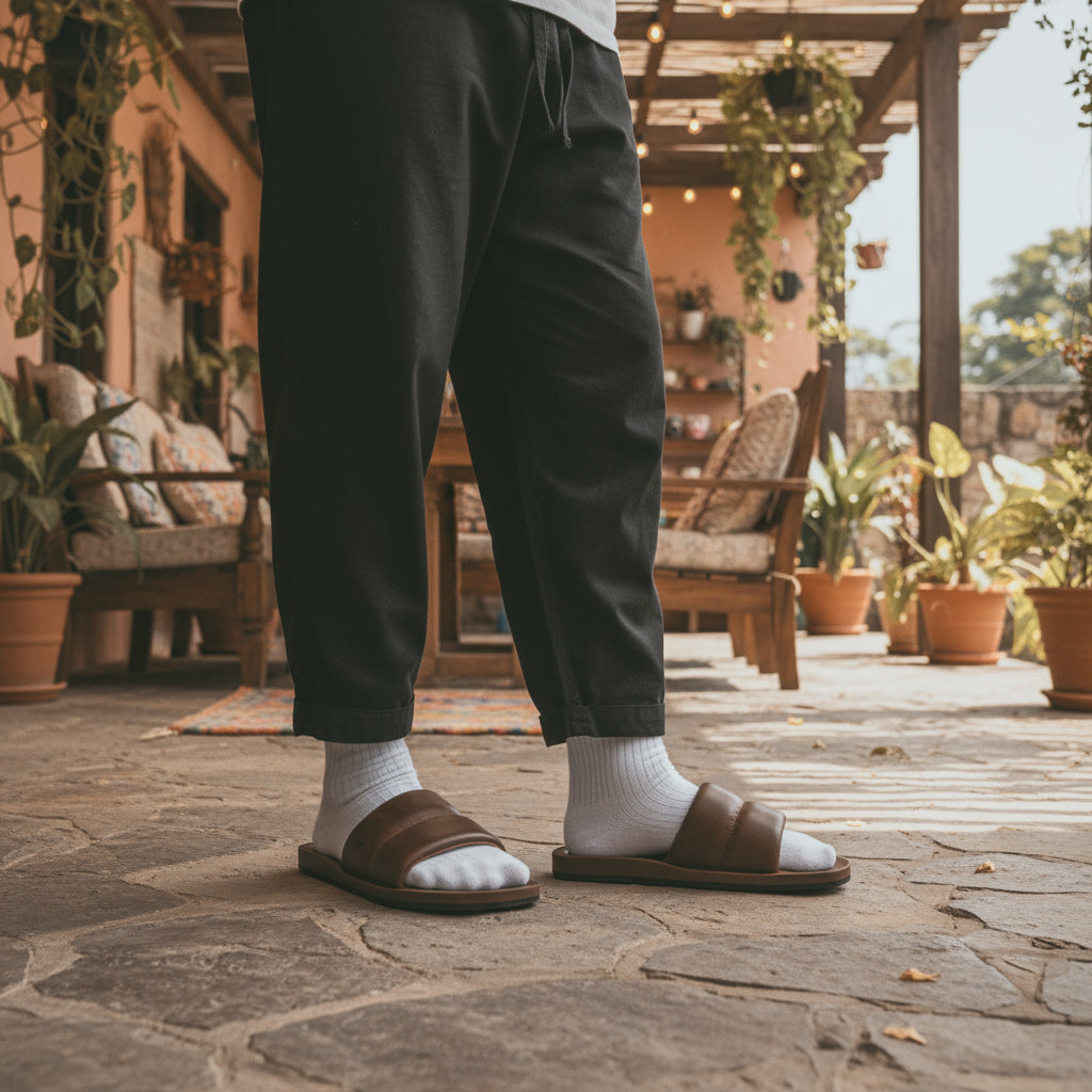 An inviting setting with a person wearing The Bayside Leather Slide by StockyardX, showcasing its stylish comfort. This bayside sandal, made from full grain leather, represents quality and timeless design. Artisan crafted in La Antigua Guatemala & Oaxaca Mexico.