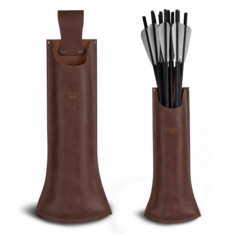 Valhalla Gear's The Fletcher, Hip Bolt Quiver, showcasing a stylish full grain leather design, ideal for storing crossbow bolts and arrows. Perfect for archery enthusiasts, this handmade quiver features artisan craftsmanship, including hand cut and hand sewn elements. The functionality makes it an essential archery accessory for hunters and target practitioners alike, beautifully representing mini arrow case qualities, along with the unique craftsmanship from La Antigua Guatemala.