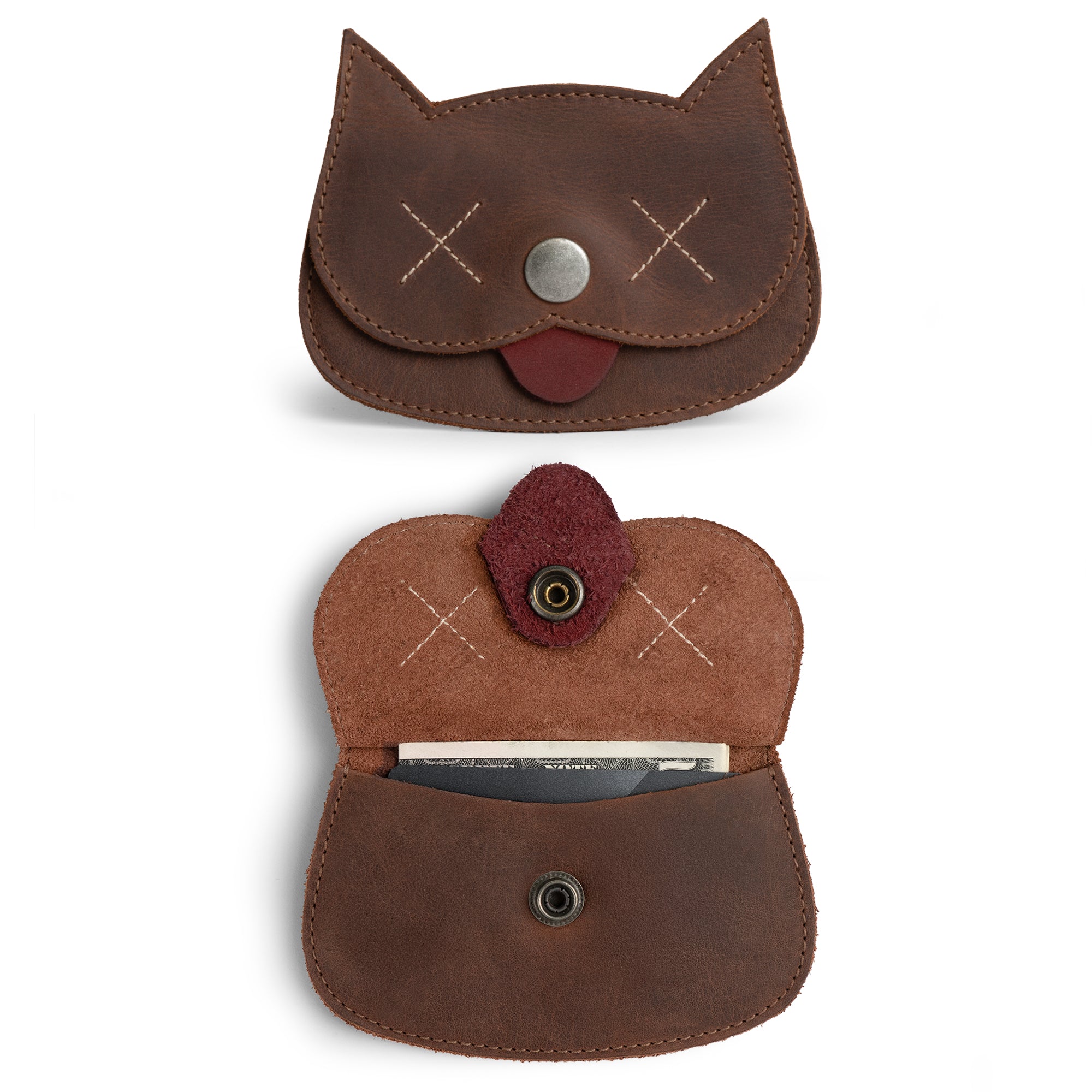 Hide & Drink Leather Cat Wallet in a quirky cat shape, crafted from Full Grain Leather. This Cat-Shaped Wallet serves as a Coin Pouch and Travel Accessory, skillfully handmade by artisans in La Antigua Guatemala & Oaxaca Mexico.