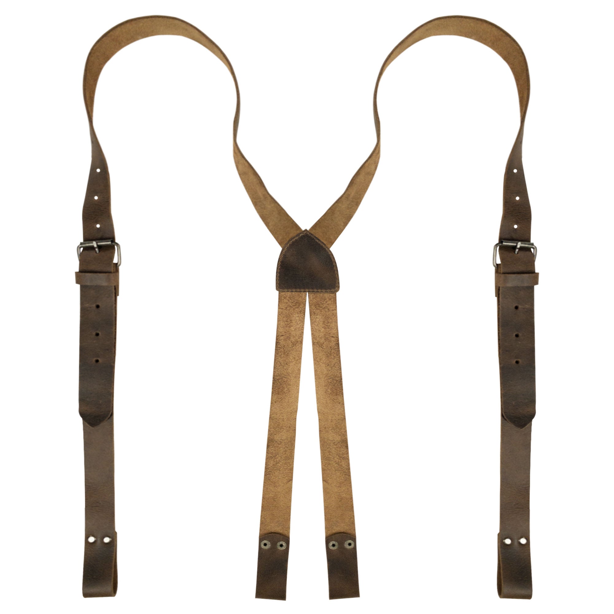 X Back Formal Suspenders with Belt Loops by Hide & Groom, featuring adjustable straps crafted from full grain leather. Ideal for groomsmen, formal wear at weddings, and dinner parties, these suspenders showcase small batch production, hand cut and sewn quality, and artisan craftsmanship from La Antigua Guatemala.
