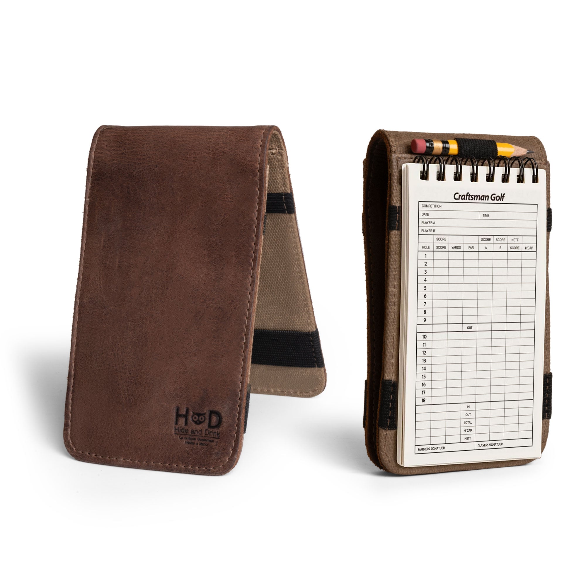 Chic Golf Scorecard Holder from Hide & Drink, featuring a design of full grain leather and canvas. This functional Golf Performance Scorecard Holder works as both a Golf Card Holder and Yardage Book Cover. Handmade in La Antigua Guatemala, it showcases the beauty of artisan craftsmanship and small batch production.