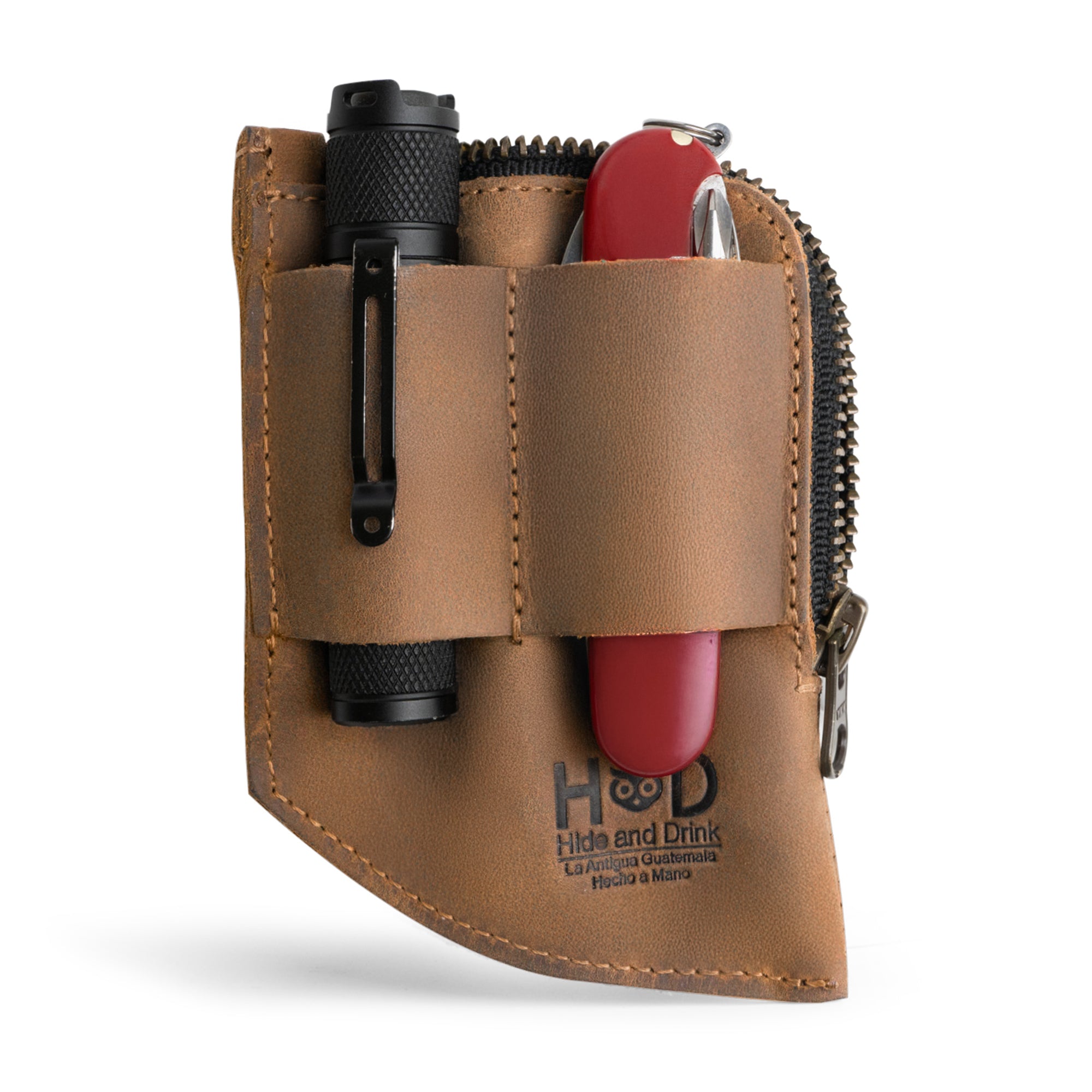 Hide & Drink EDC Pocket Wallet in earthy tones, emphasizing its rugged design and functionality as a stylish everyday wallet.