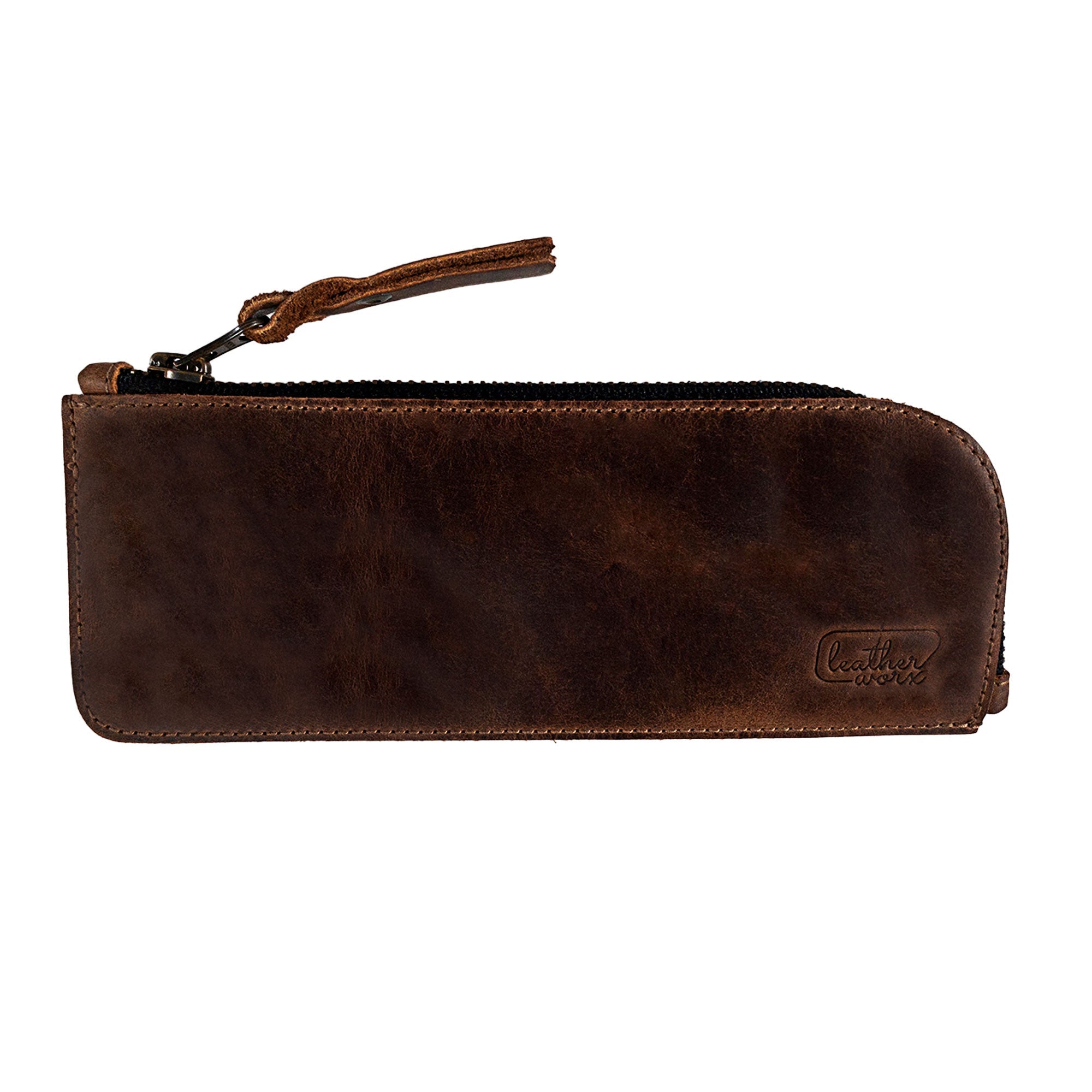 Leather Worx Flat Pen Case made from full grain leather, showcasing a stylish design perfect for men and women, ideal for artists and work accessories. Features include small batch production and hand-stitched craftsmanship, highlighting its artisan quality, handmade in La Antigua Guatemala & Oaxaca Mexico.