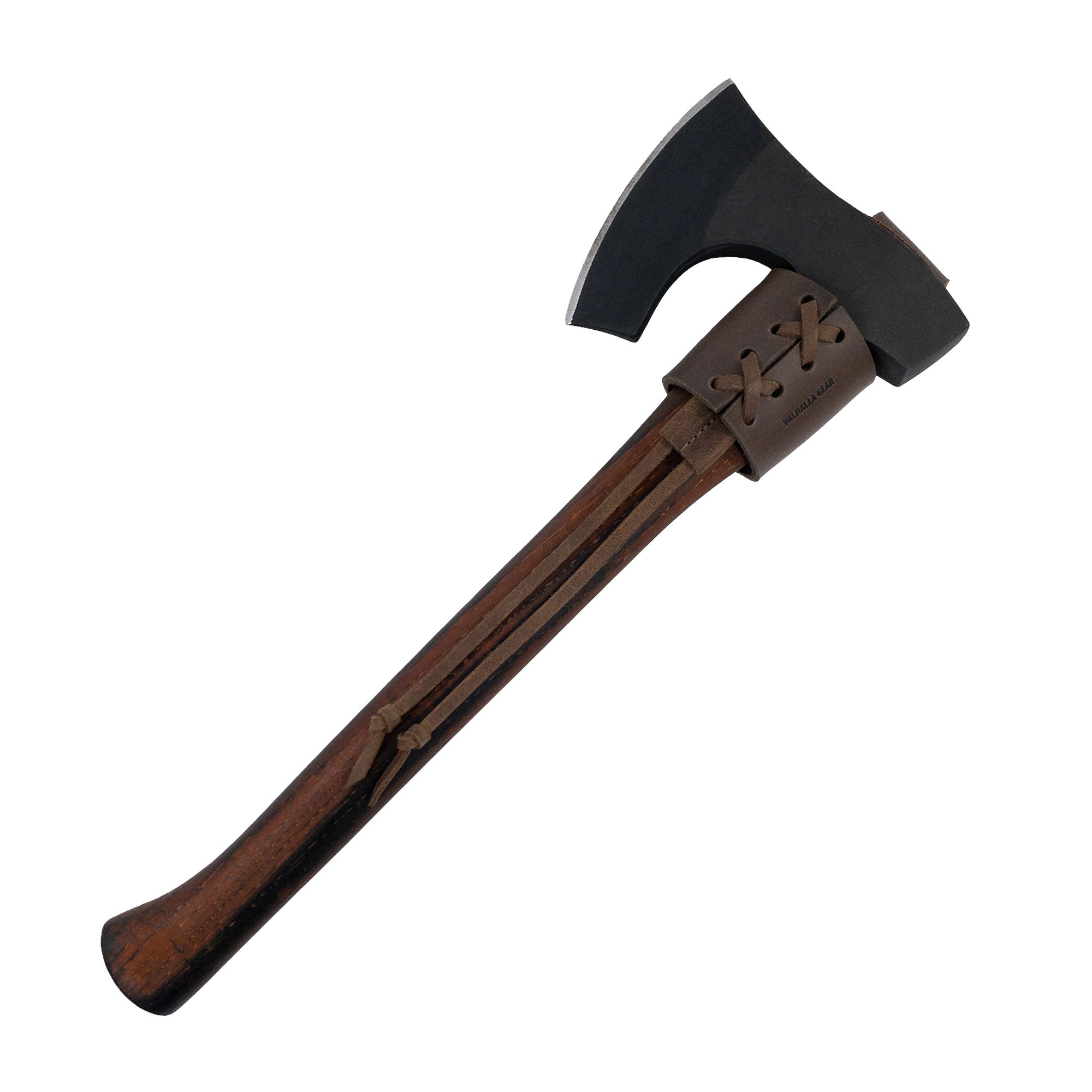 A detailed view of a Braided Axe Holder with Belt Loop crafted by Valhalla Gear, highlighting its handmade quality and full grain leather material. Perfect for camping, cosplay, and lumberjack outdoor activities, this product serves as a stylish tool organizer.