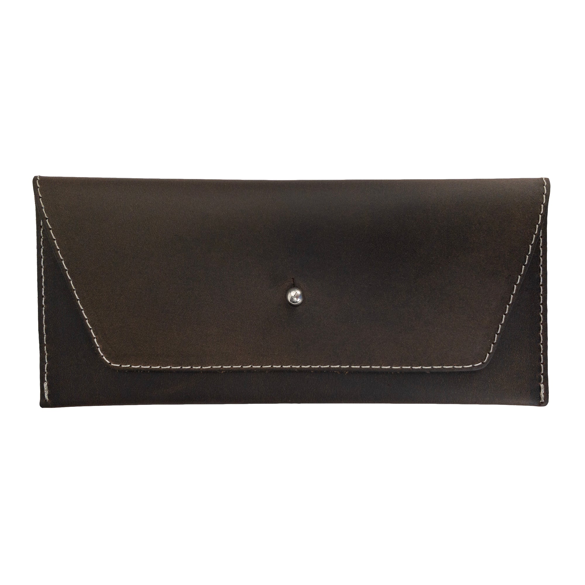 The Long Utility Pouch in brown leather by Hide & Drink, highlighting its warm tones and elegant design. Practical for storing cash, coins, and cards.