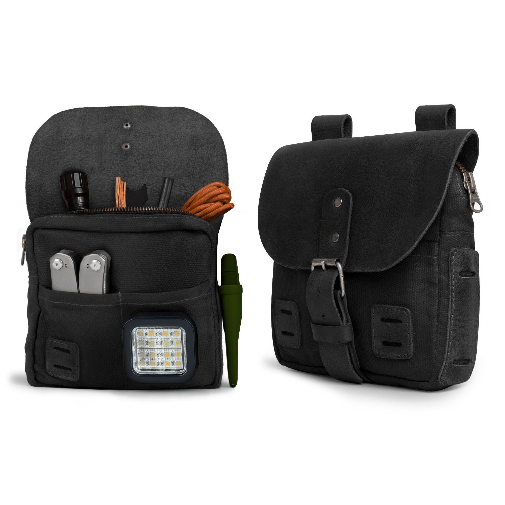 Dual view of the Survival Camping Pouch by Hide & Drink, opened and closed displaying its functional design. Crafted from durable Water Resistant Waxed Canvas & Full Grain Leather, it’s a perfect tool waist bag for your outdoor needs, handmade in La Antigua Guatemala.