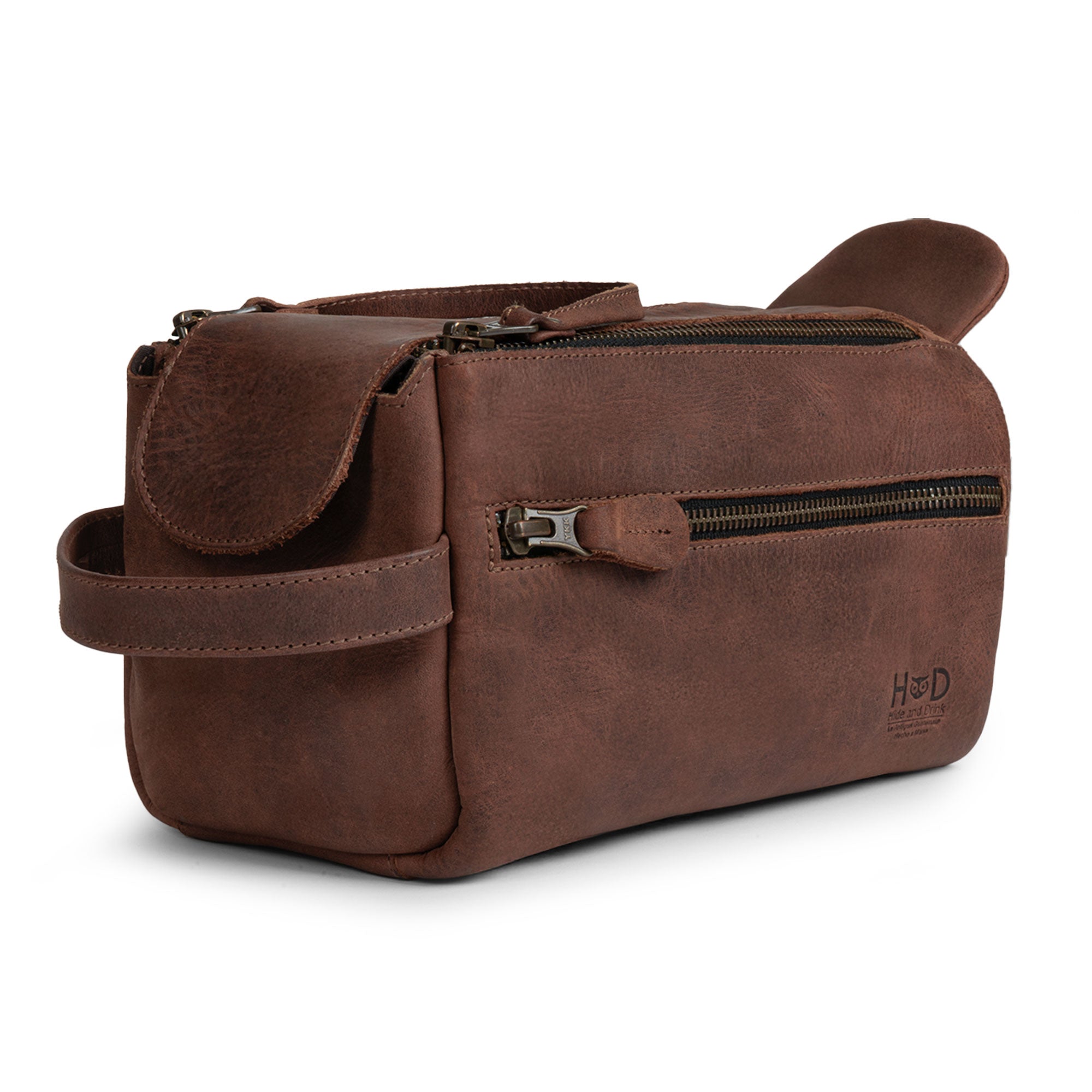 Hide & Drink's Toiletry Bag made of Full Grain Leather, showcasing a stylish handcrafted design. Perfect as a Hand Bag or Travel Case for Essentials, this Dopp Kit Organizer reflects durability. StockyardX, Handmade, S.