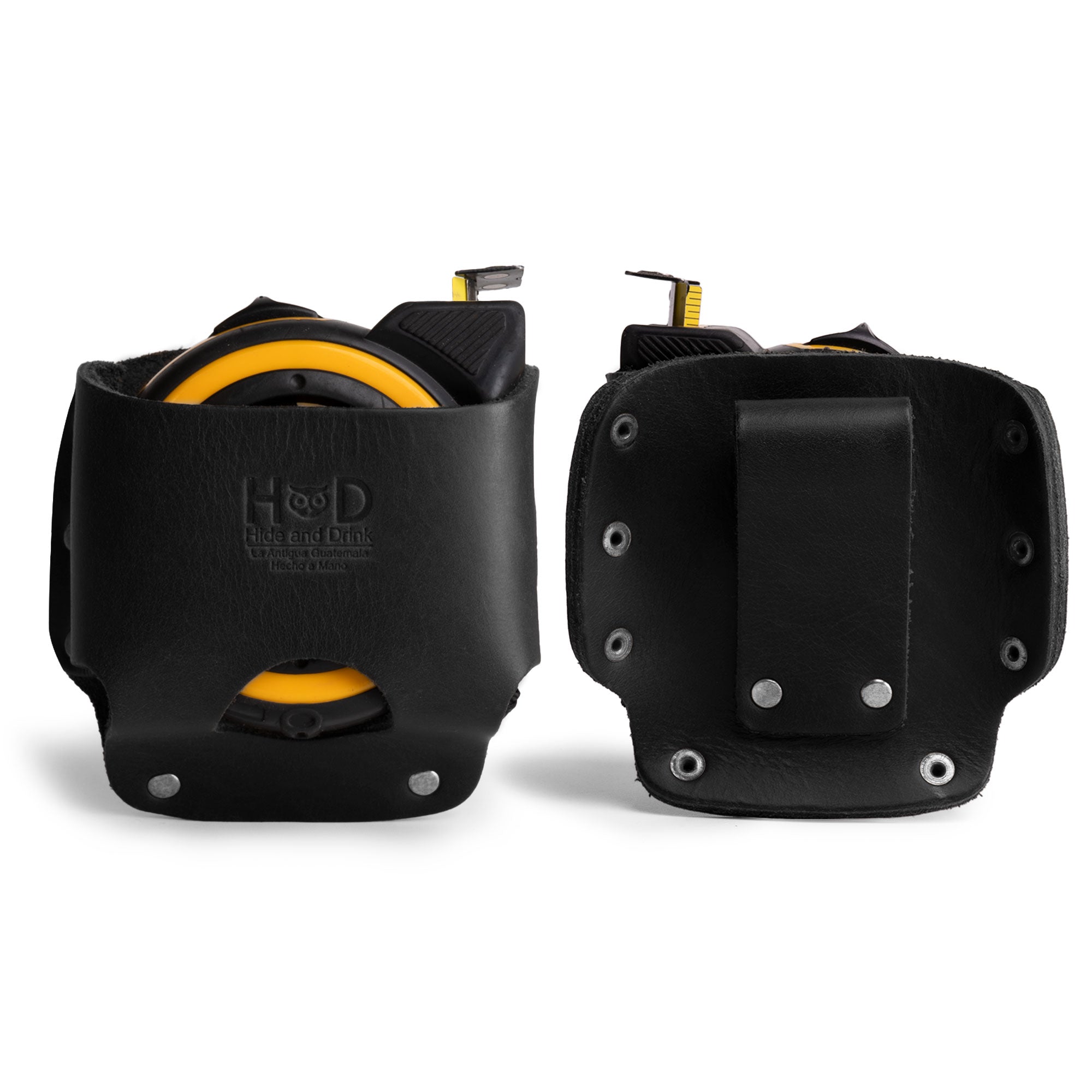 Durable Large Tape Holster by Hide & Drink in red, perfect for tradespeople needing reliable access to their tools. A stylish option for holding Large Tape Measures.