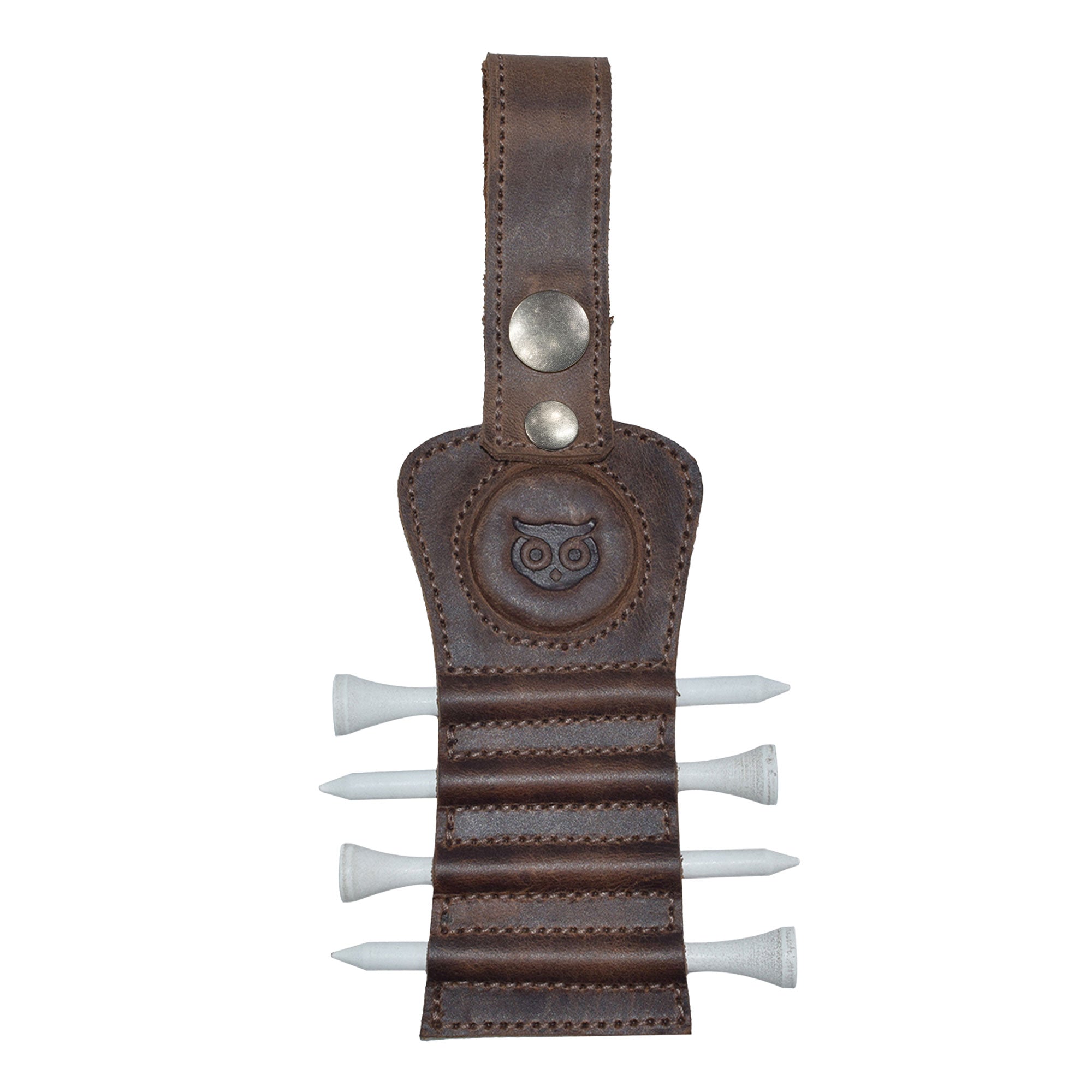 Hide & Drink Golf Tee Holder featuring a stylish full grain leather design with slots for golf tees. Ideal as a golf accessory with a hook for easy attachment to a golf bag or belt clip. Perfect gift for golfers, handcrafted in La Antigua Guatemala with artisan quality and fire-branded detailing.