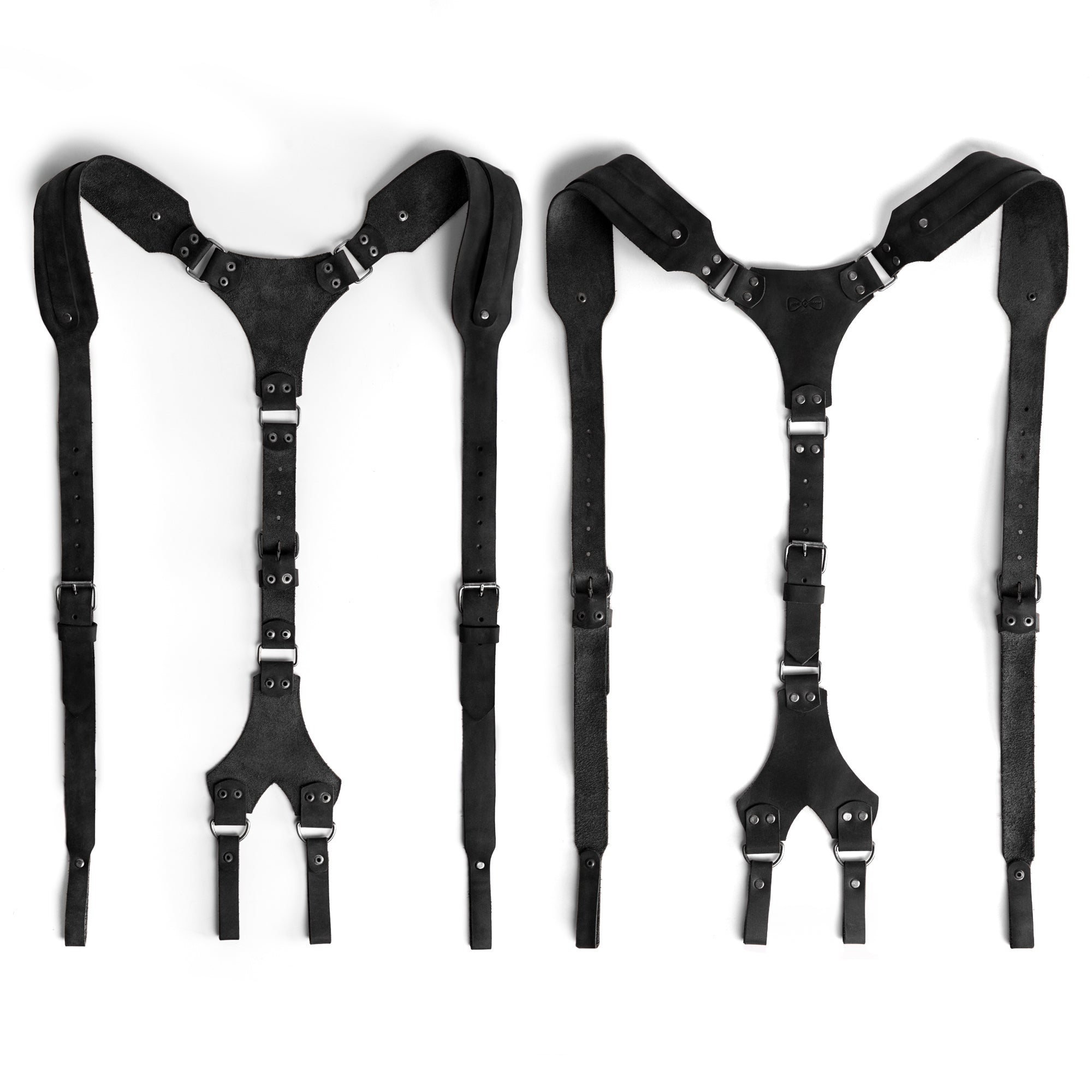 Armageddon Suspenders in black from Hide & Groom, featuring riveted suspenders with adjustable size straps made of full grain leather. Each piece is a result of small batch production, hand cut and hand sewn by artisans in La Antigua Guatemala & Oaxaca Mexico.