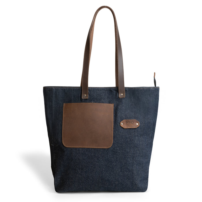 Denim Tote Bag with Leather Straps