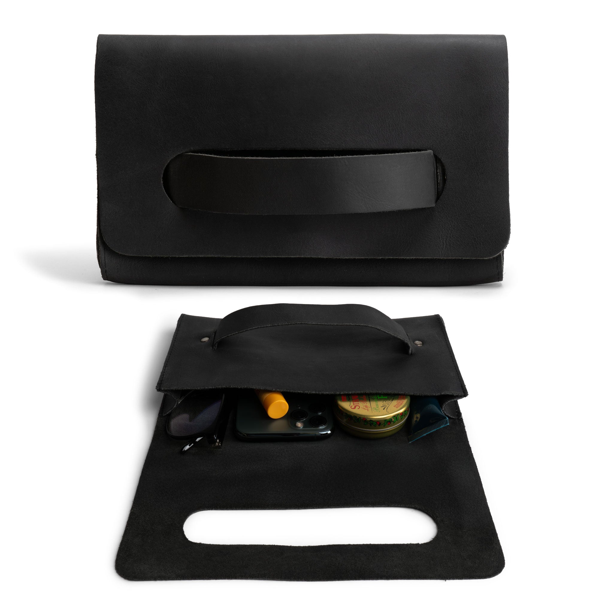 Elegant black Clutch Bag With Handle by Hide & Drink, ideal for women as a handbag or night bag. Made from durable Full Grain Leather, this artisan product features small batch production, handmade in La Antigua Guatemala & Oaxaca Mexico.