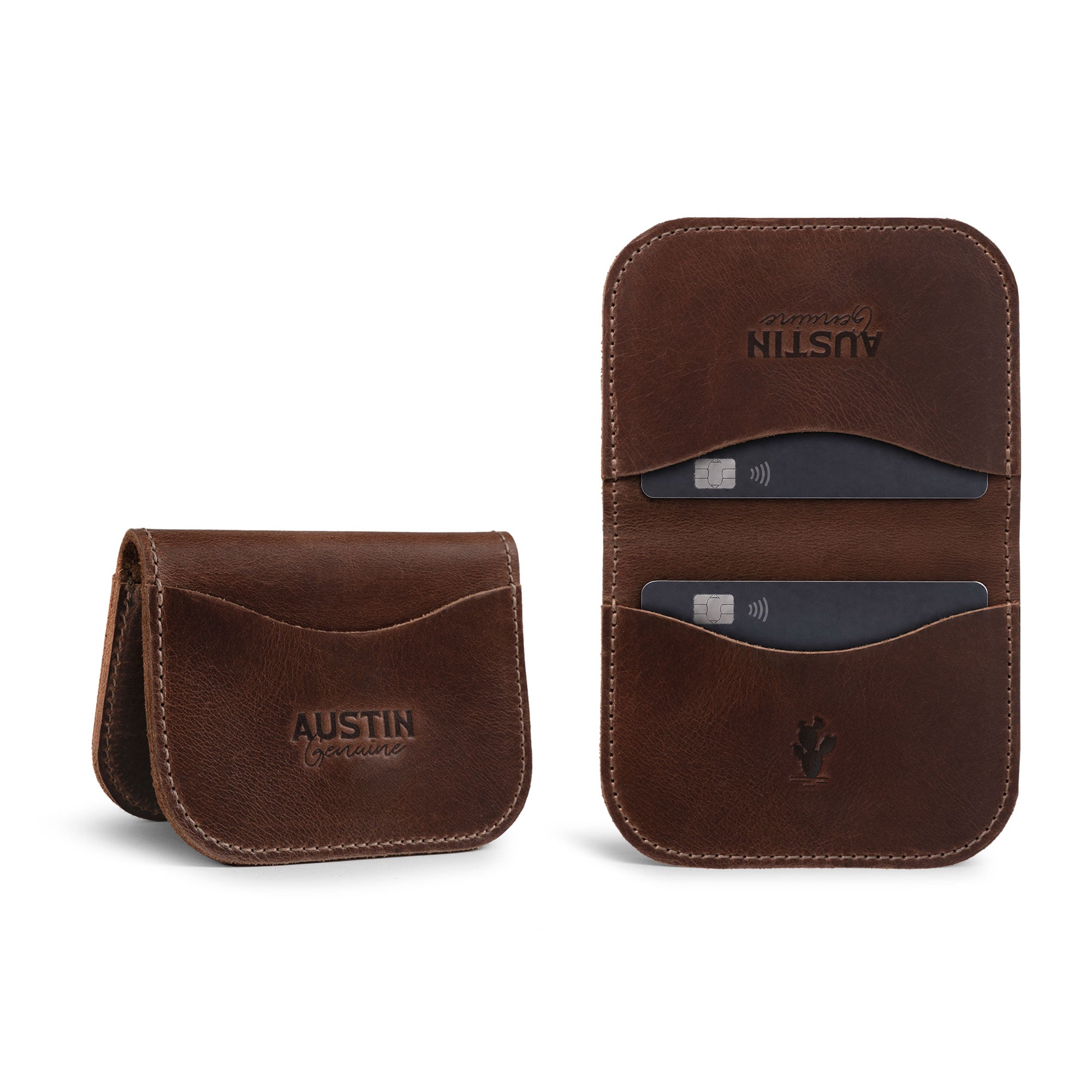Austin Genuine The Magnolia Card Wallet, a brown Full Grain Leather card wallet with multiple card slots, shown open and closed. The Magnolia Card Wallet features StockyardX Small Batch Production, Hand Cut and Hand Sewn construction, Fire Branded Artisan detailing, and is Handmade in La Antigua Guatemala & Oaxaca Mexico.