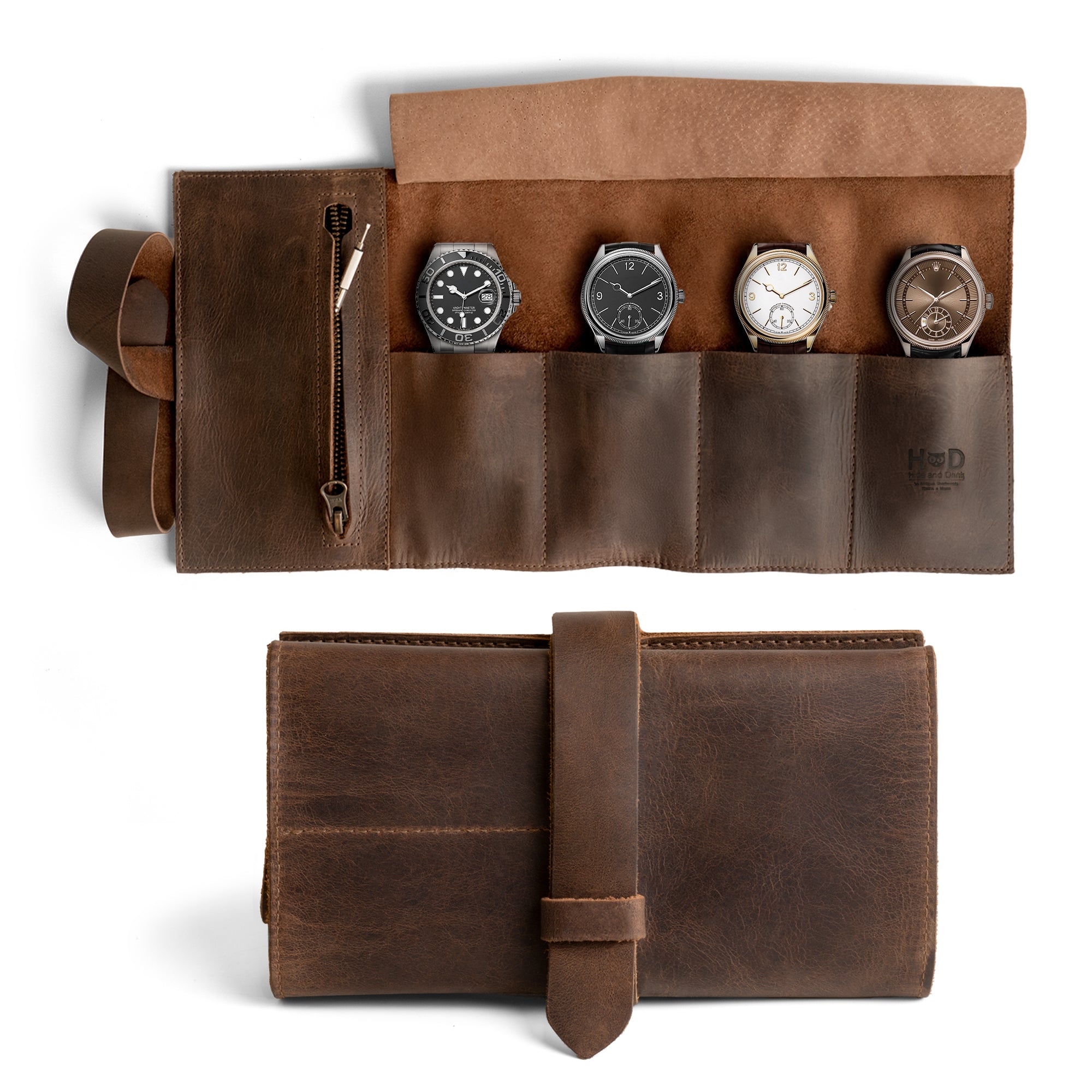 Hide & Drink Premium Watch Roll showcasing four timepieces in a full grain leather organizer with a zippered pouch, perfect for easy carry and storage for watch lovers. A great travel essentials gift, this artisan-made watch roll features handmade craftsmanship from La Antigua Guatemala and Oaxaca Mexico.
