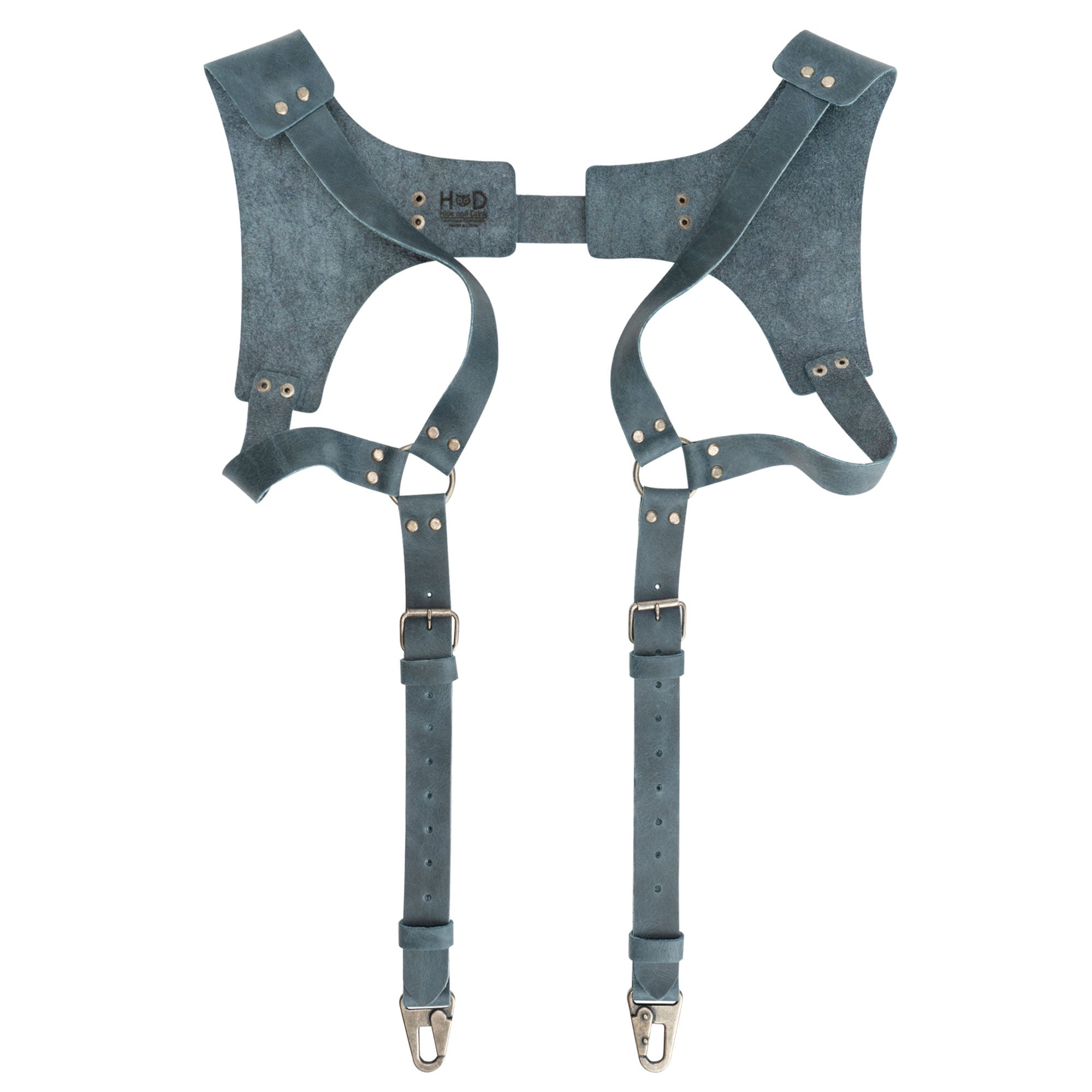Dusty blue version of Renaissance Suspenders by Hide & Drink, illustrating their unique style. These back support harness for men are perfect for groomsmen, crafted from full grain leather.