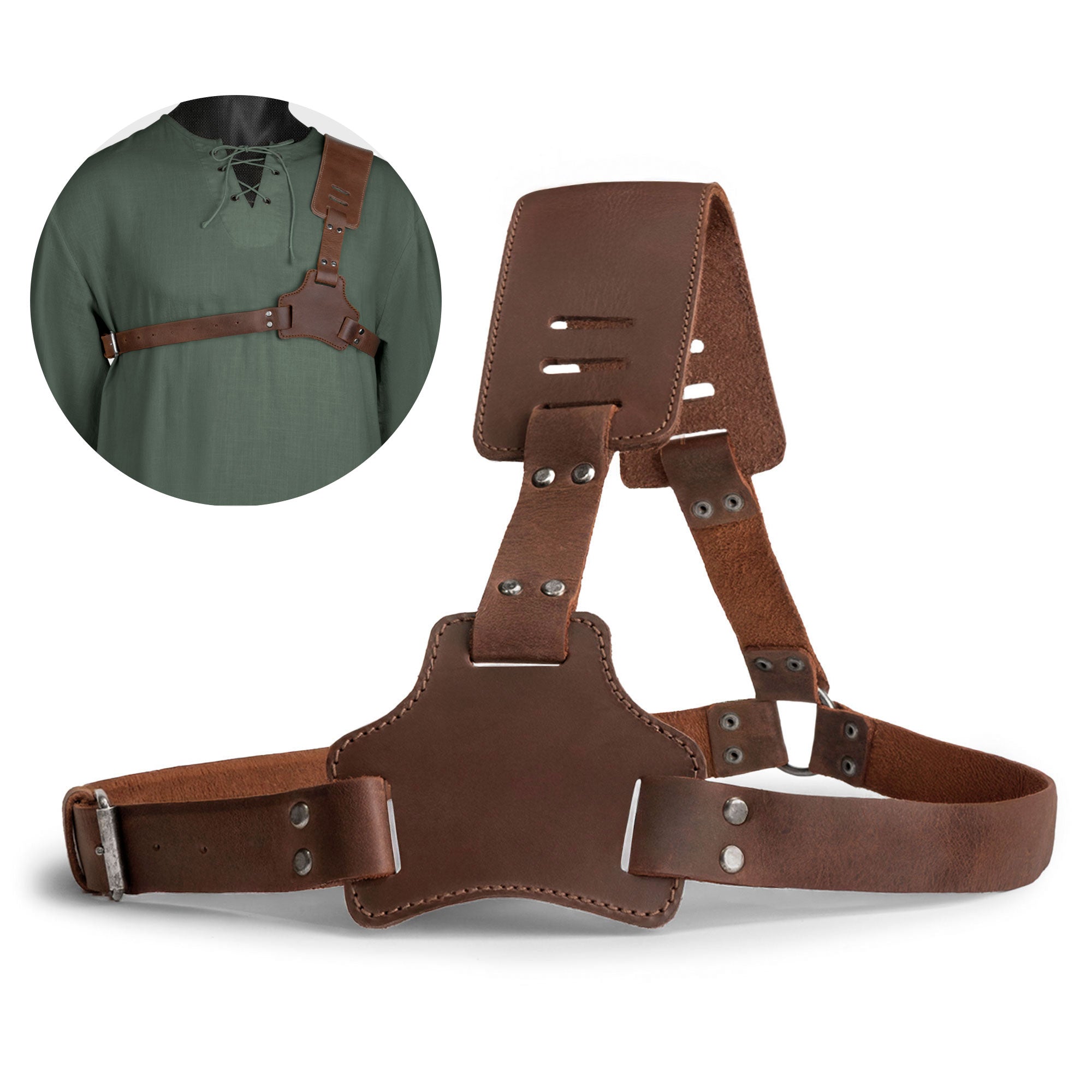 Hide & Play Gladiator Harness displayed on a model, showcasing the adjustable straps and handcrafted design. This Gladiator Shoulder Harness is ideal for cosplay and costume parties, made from full grain leather with small batch production. Hand cut and hand sewn, this artisan piece is fire branded and proudly handmade in La Antigua Guatemala & Oaxaca Mexico.