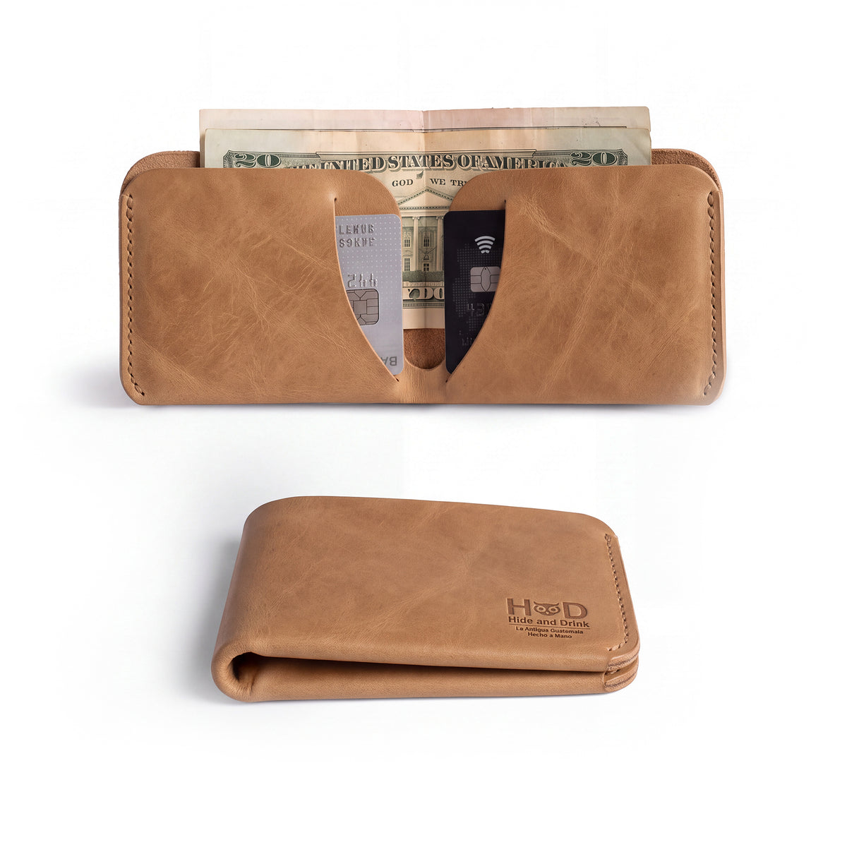 Open view of the Hide & Drink Minimal Wallet displaying its card pockets, emphasizing its handcrafted quality in Full Grain Leather. This Classic Slimfold Wallet performs wonderfully as a Card Organizer Holder and Travel Accessory, representing artisan Small Batch Production excellence from La Antigua Guatemala & Oaxaca Mexico.