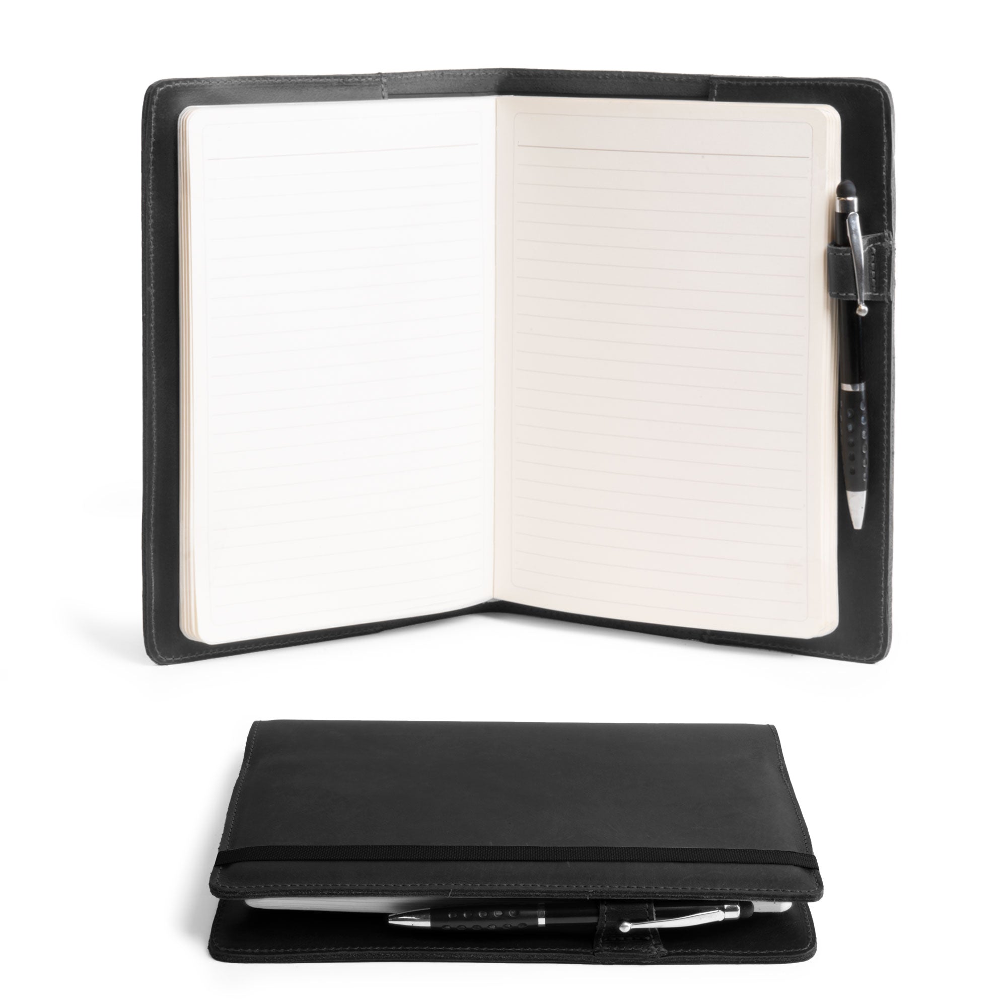 Illustration of the open Leuchtturm A5 Hardcover Case by Hide & Drink, featuring a spacious design for notebook storage. This Case for Hardcover Leuchtturm A5 (5.75 x 8.25 in.) Notebook is a great protective cover for your journal or planner, crafted from sturdy full grain leather. StockyardX, Small Batch Production, Hand Cut, Hand Sewn, Fire Branded, Artisan, Handmade in La Antigua Guatemala & Oaxaca Mexico.