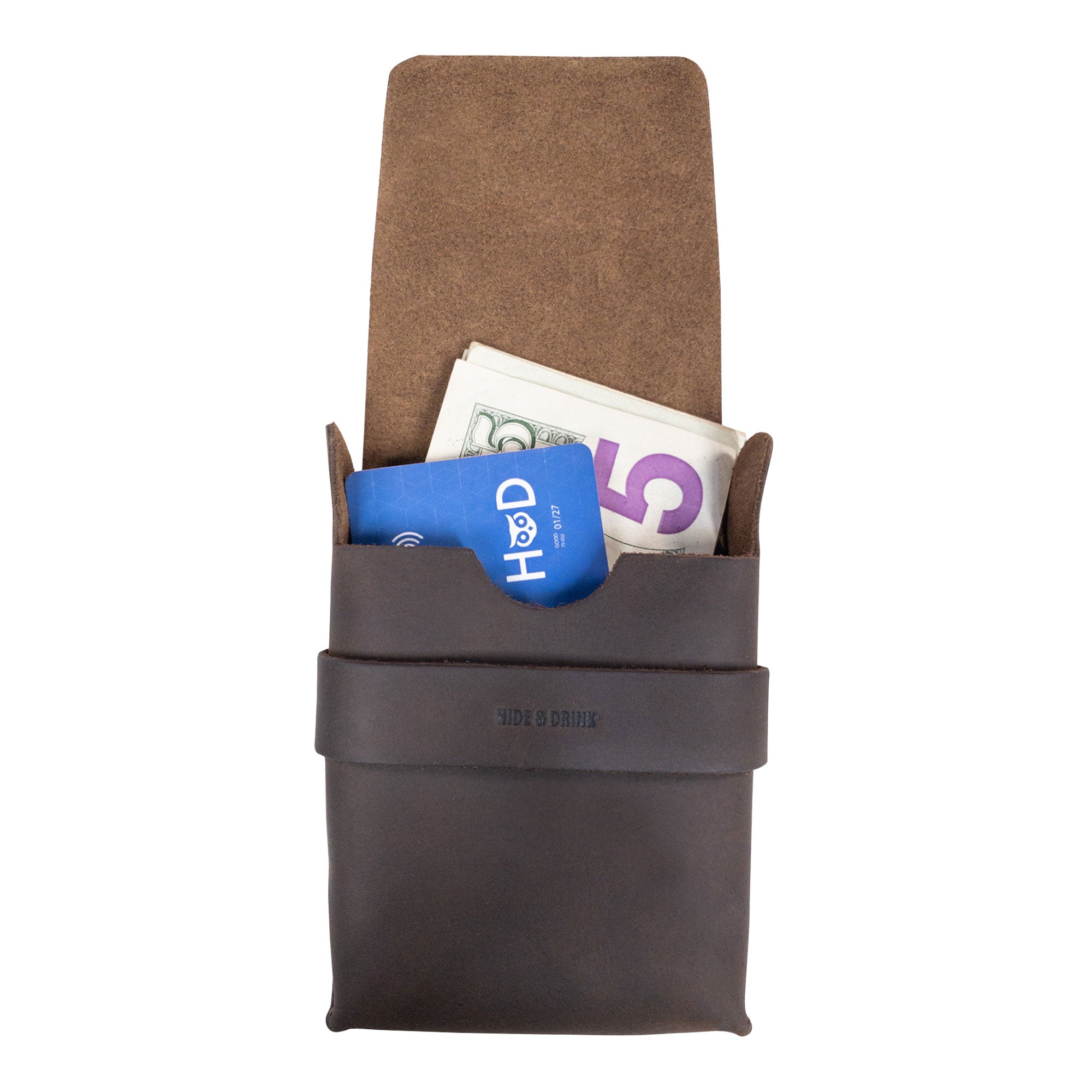 Hide & Drink Card Organizer Pouch showcasing a stylish design that holds up to 12 cards plus folded bills, made from durable full grain leather. A perfect vintage case for your stylish accessories, featuring small batch production and artisan craftsmanship, handmade in La Antigua Guatemala & Oaxaca Mexico.