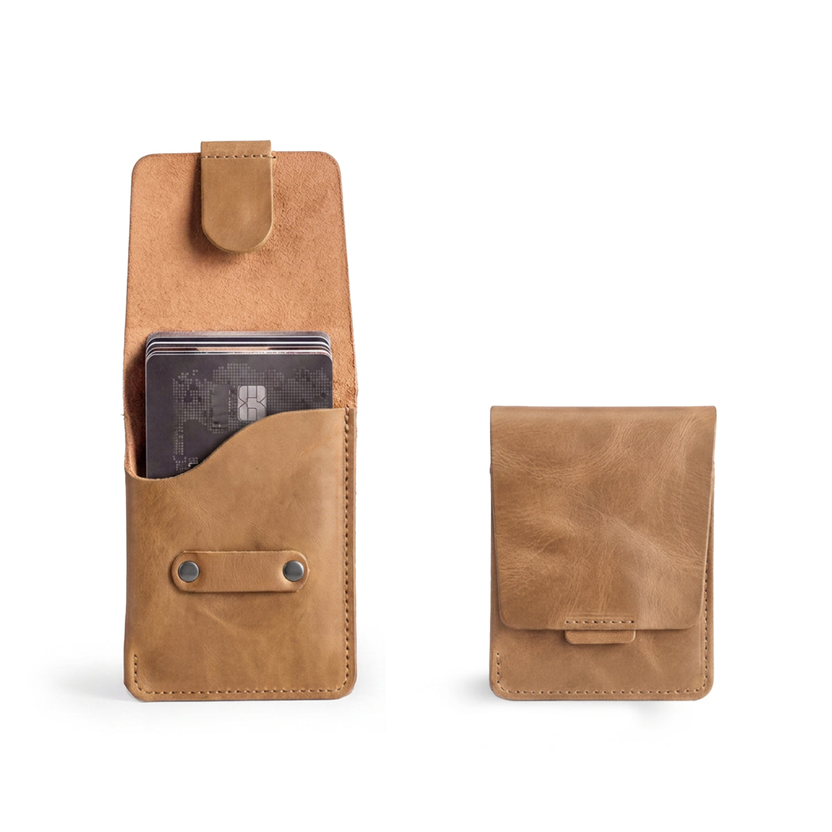 Hide & Drink Slim Card Holder in rich brown leather, featuring a vertical design for 4 cards and cash organization. This pocket wallet showcases artisan quality from La Antigua Guatemala, reflecting the small batch production ethos.