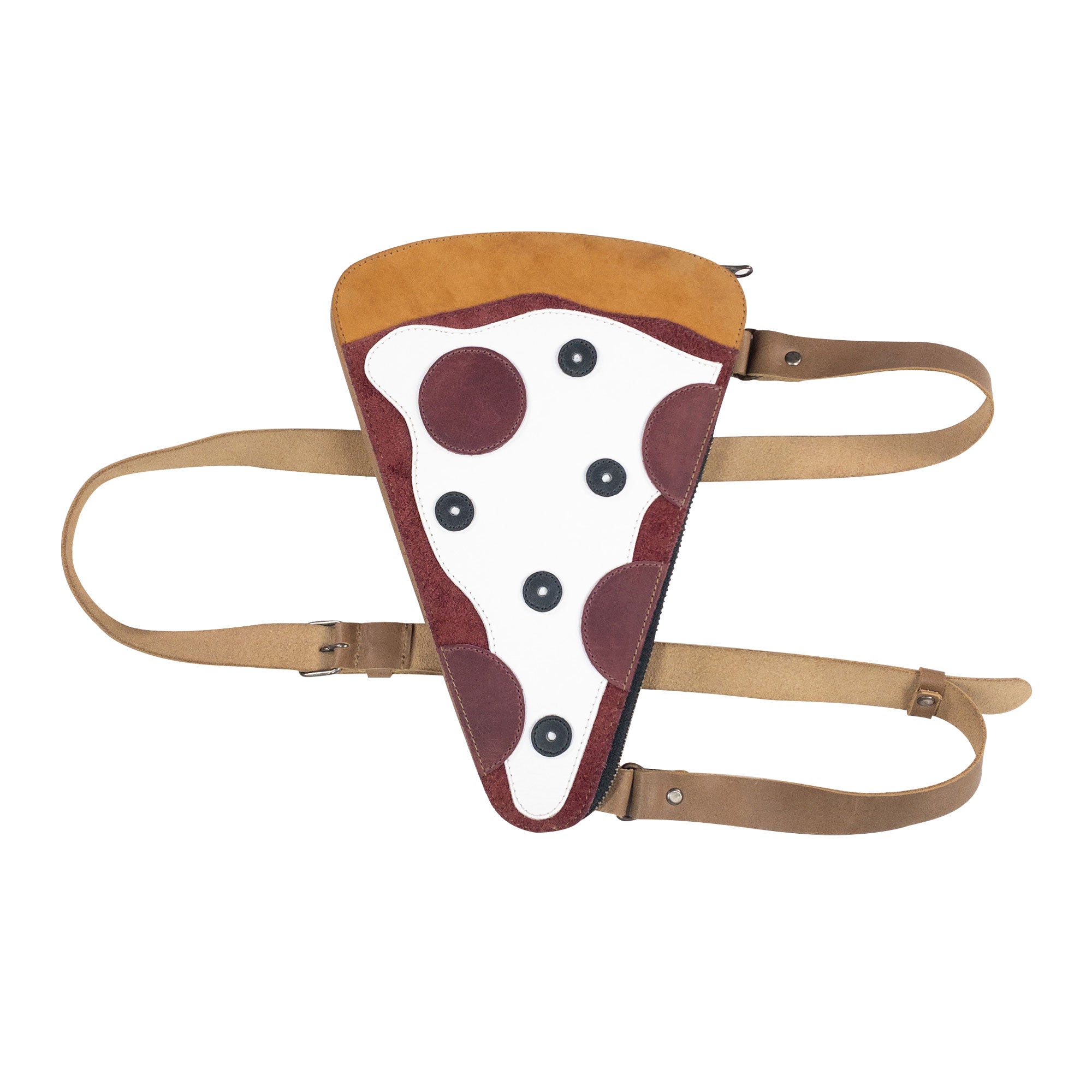 Stylish Pizza Slice-Shaped Shoulder Bag by Tudi Frudi made of Full Grain Leather, featuring a fun pizza slice design. This unique crossbody and messenger bag showcases small batch production, is hand cut and hand sewn, and proudly fire branded by artisans in La Antigua Guatemala.