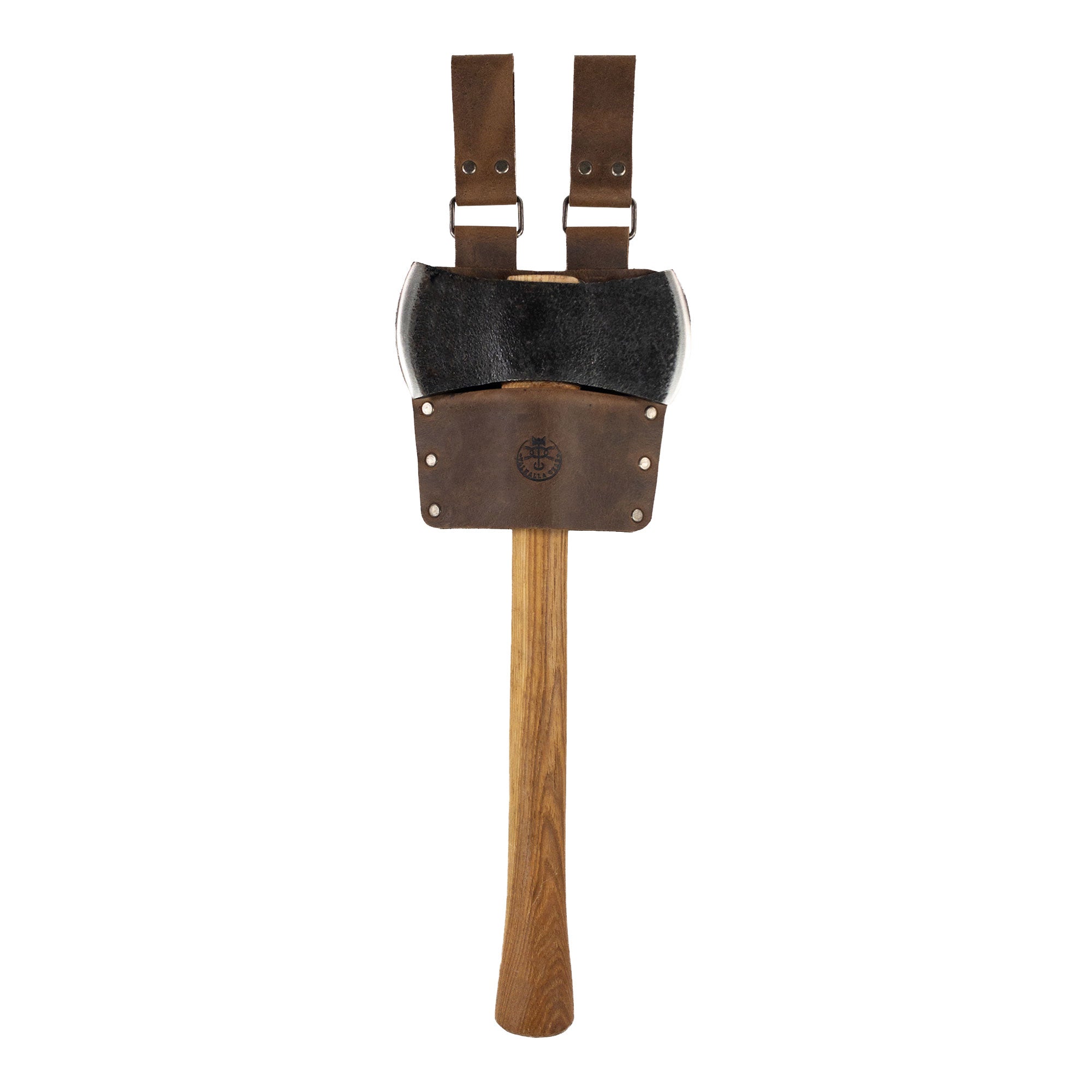Axe Holster, Durable Carrier for Lumberjack by Valhalla Gear, showcasing a secure and stylish full grain leather design with double belt loops. This accessory for tools is perfect for convenient and safe home improvement. Hand cut, hand sewn, offering artisan quality made in La Antigua Guatemala.