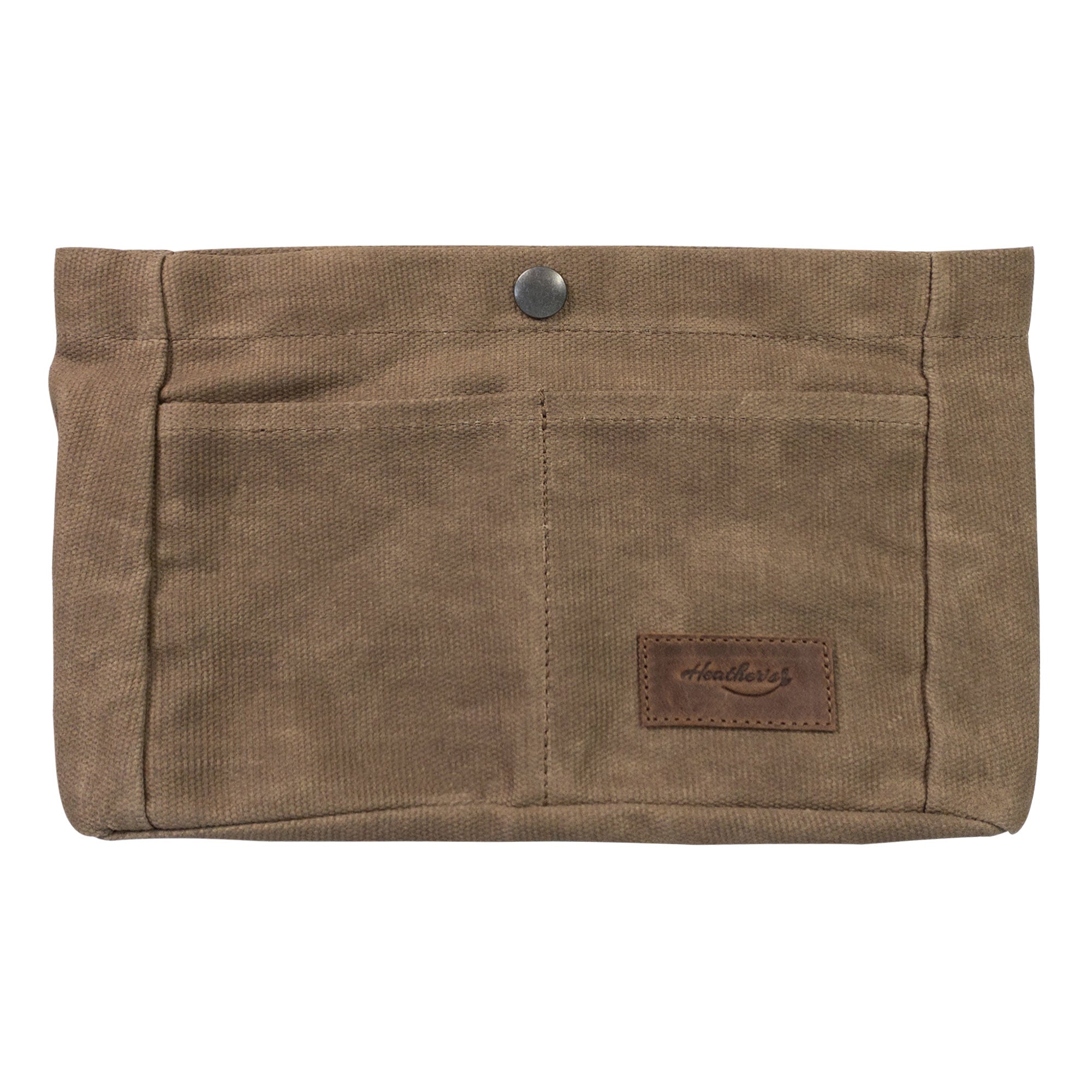 Heather's Purse Organizer Insert made of durable Waxed Canvas, perfect for handbags. This travel accessory features multiple pockets for organized storage including cellphone storage. Artisan crafted and handmade in La Antigua Guatemala & Oaxaca Mexico.