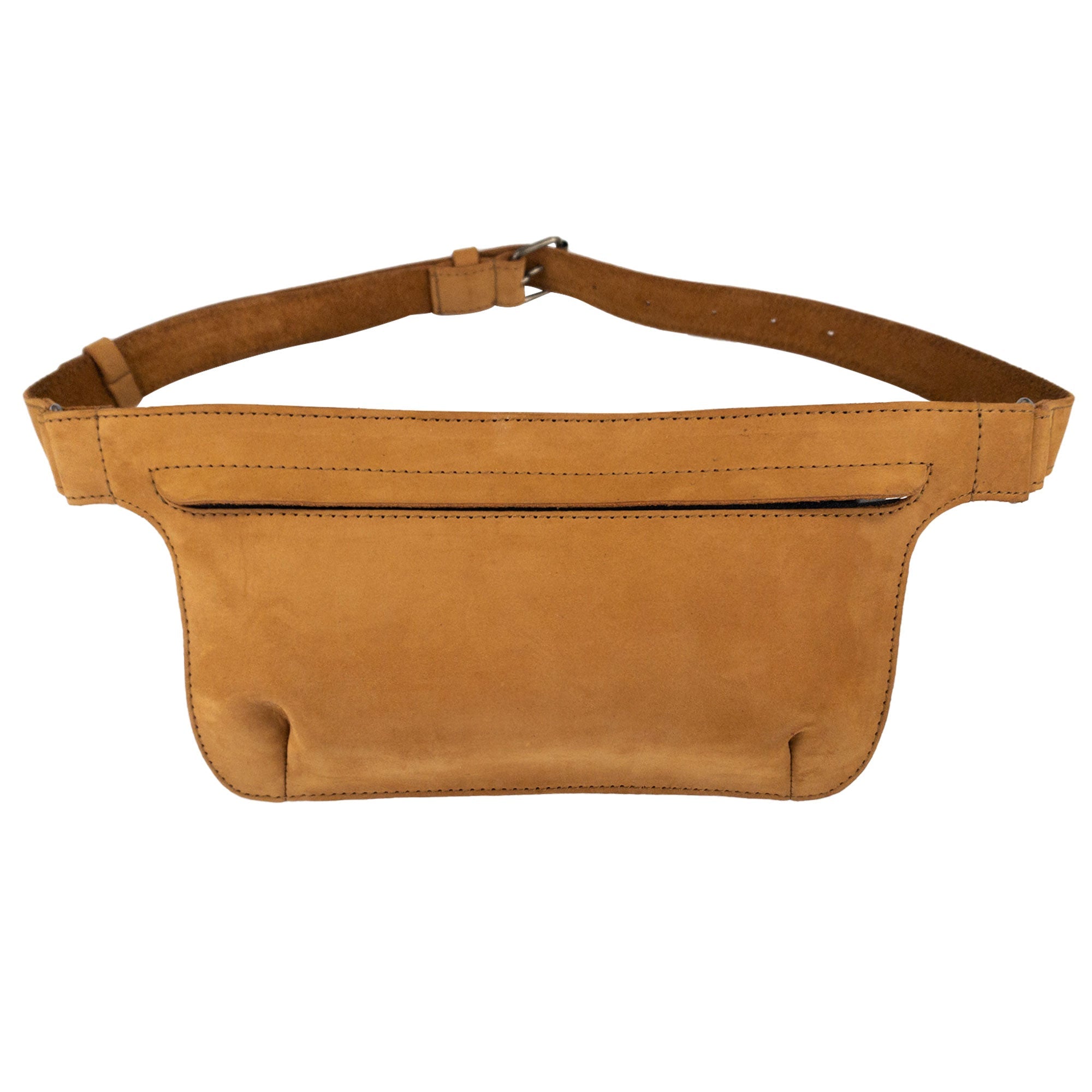 Slim Fanny Pack by Hide & Drink highlighting its unique color and hand-stitch details, showcasing artisan quality. This rectangular fanny pack is perfect for organization and everyday use, made from full grain leather.