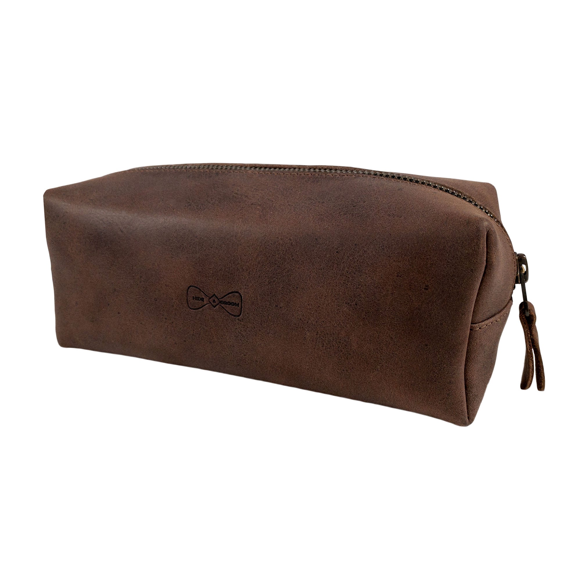 Rectangular Toiletry Bag for Groomsmen by Hide & Groom, crafted from full grain leather, perfect for cosmetics and shaving kit storage. Ideal for best men and bachelors, this handmade artisan bag showcases small batch production and fire branded craftsmanship. Perfect for wedding ceremonies.