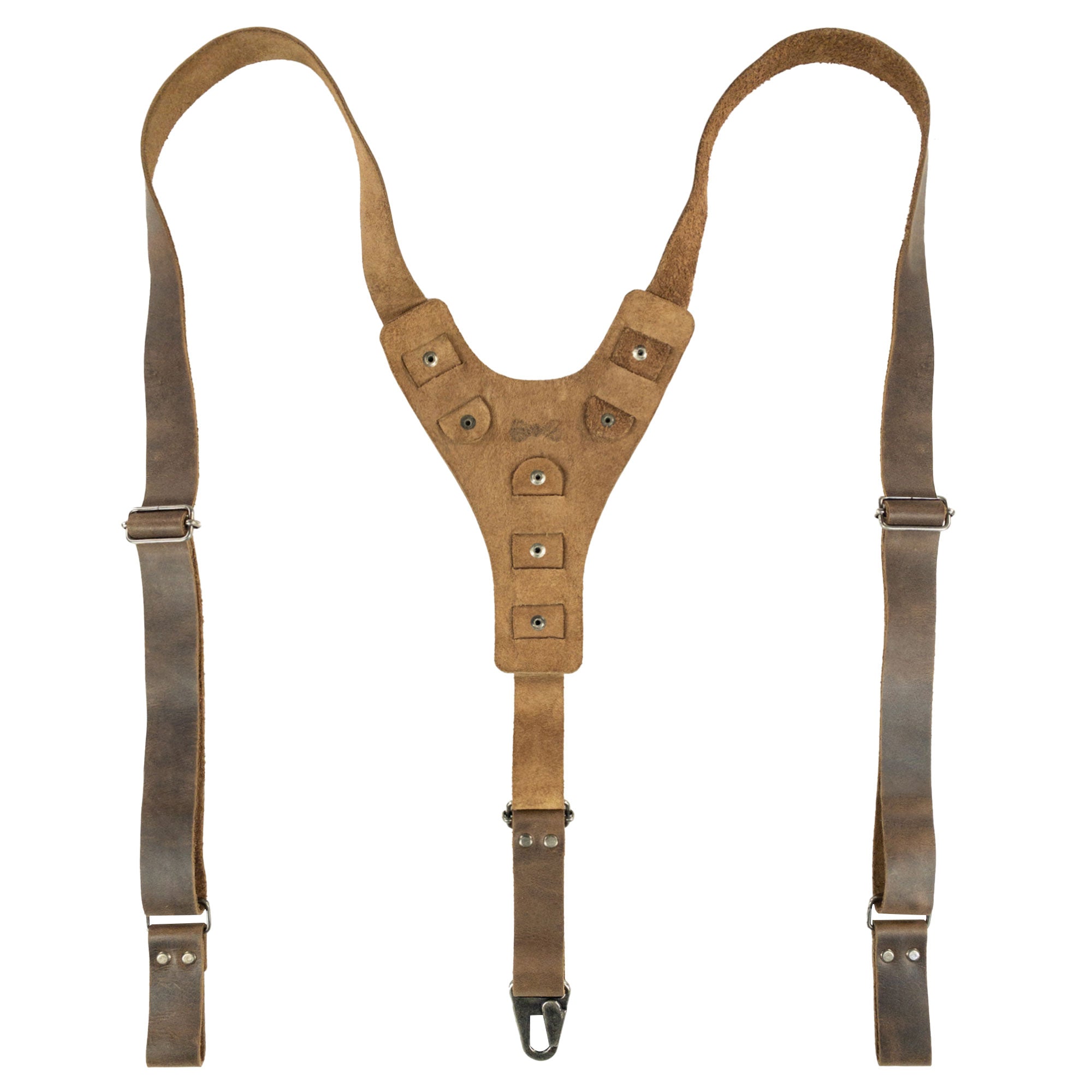 Rustic Y Back Suspenders from Hide & Groom feature a vintage and durable design, perfect for groomsmen, best men, or bachelors. Ideal for wedding ceremonies and dinner parties, these full grain leather suspenders are handmade in La Antigua Guatemala with artisan craftsmanship, combining hand-cut and hand-sewn techniques.