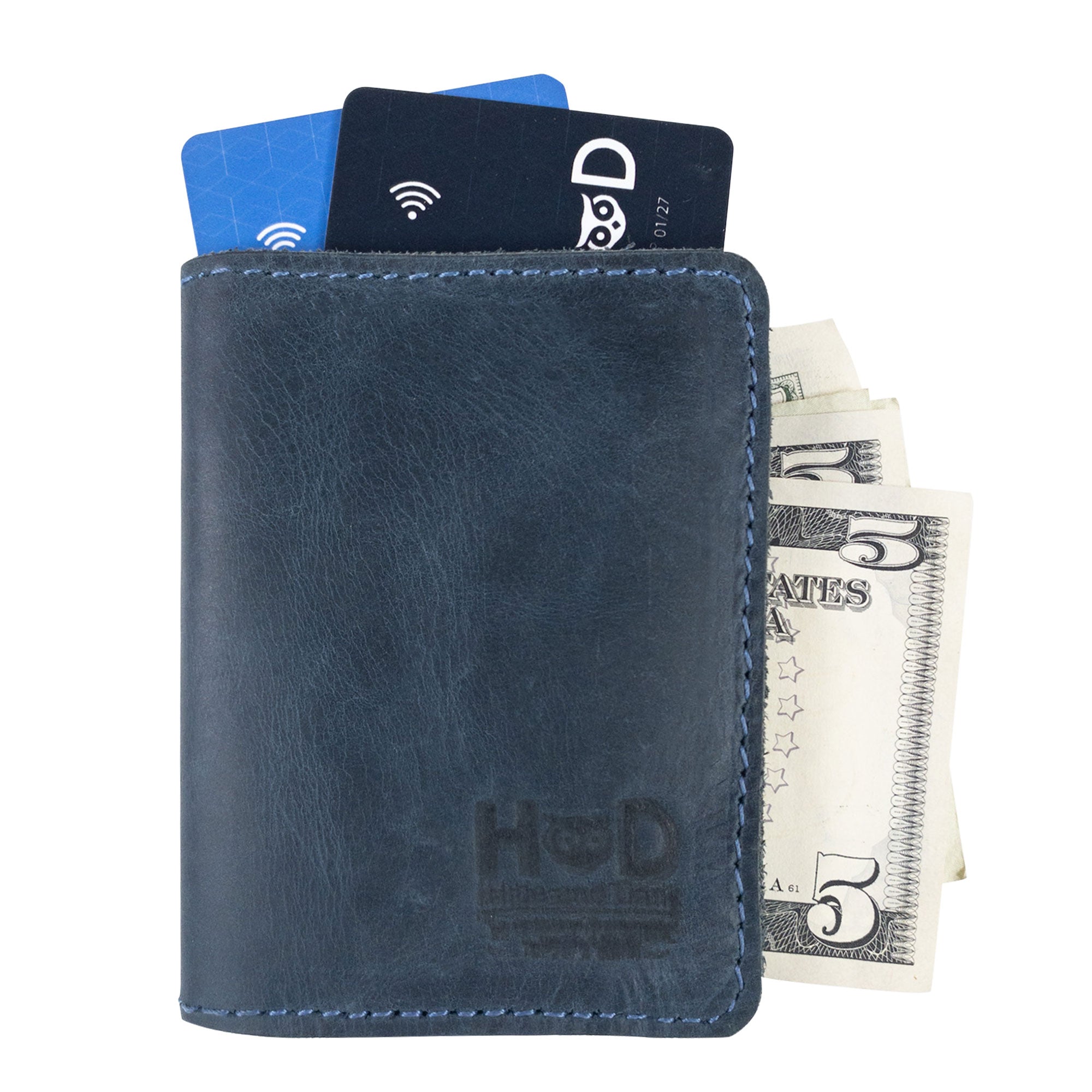 Hide & Drink Bifold Wallet in deep blue full grain leather, showcasing style and practicality as a compact and durable foldable option for everyday use.