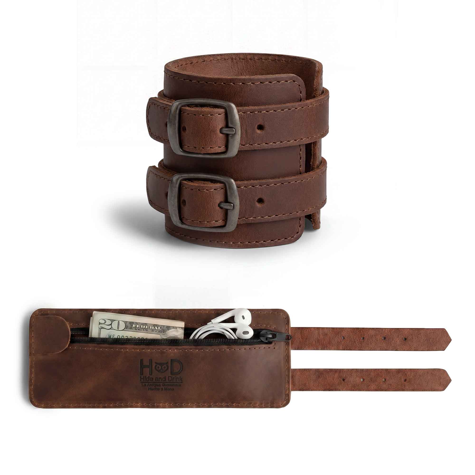 Hide & Drink's Wrist-Wallet-Cuff beautifully displays its rustic charm crafted with Full Grain Leather. This leather bracelet is designed with a hidden pouch for bills and an inner zippered pouch, each piece is artisan-crafted in La Antigua Guatemala & Oaxaca Mexico.