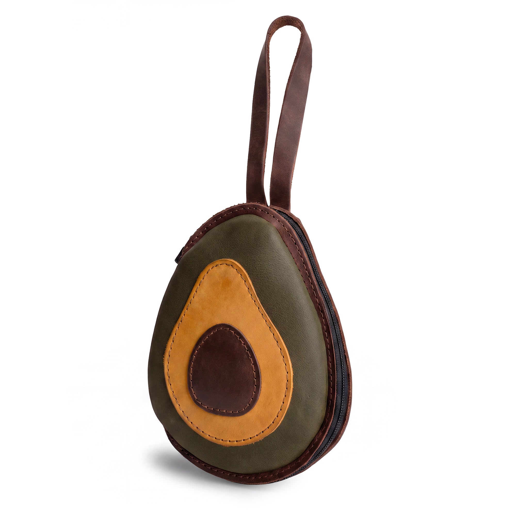 Hide & Drink Avocado Purse, a unique case bag featuring a charming avocado design, perfect for organizing cards and money. This coin pouch makes a cute gift and is crafted from full grain leather. Ideal for small batch production enthusiasts, each piece is hand cut, hand sewn, and fire branded, showcasing artisan skills from La Antigua Guatemala & Oaxaca Mexico.