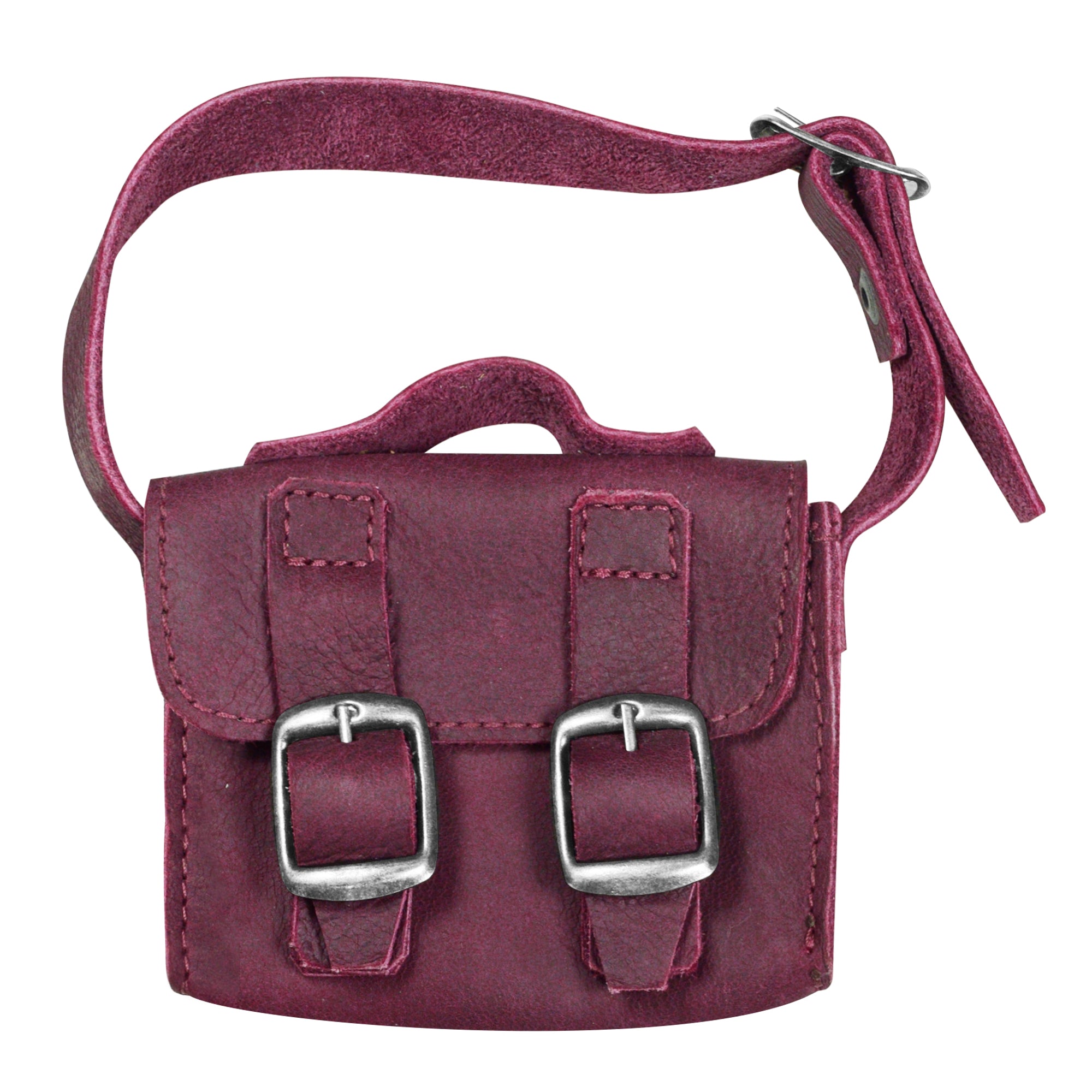 The stunning Tiny Messenger Bag in vibrant burgundy by Hide & Drink, an adorable Mini Messenger Bag Charm made from Full Grain Leather. This artisan design is perfect for handbags or as a unique keychain, showcasing craftsmanship from La Antigua Guatemala.