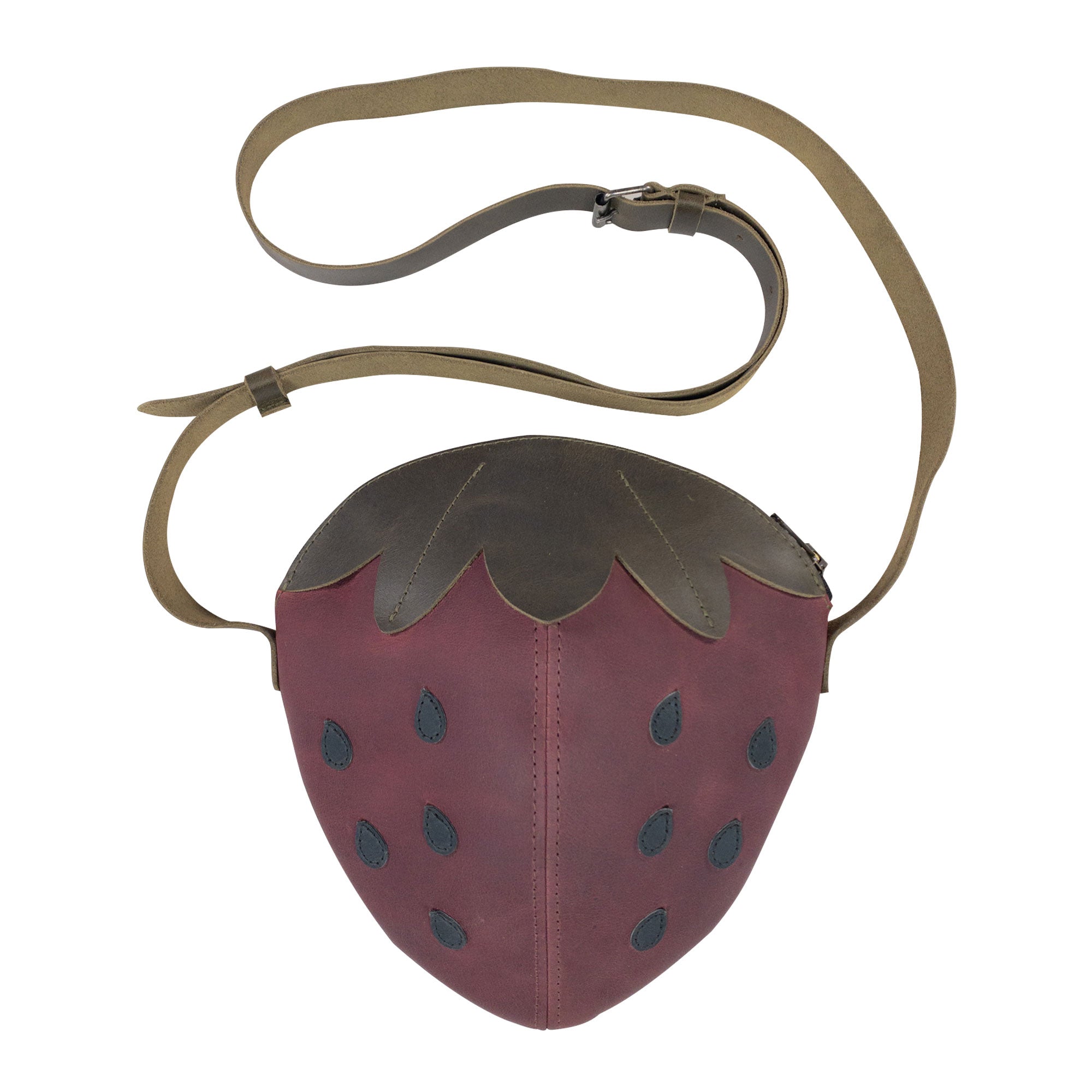 Stylish Leather Strawberry-Shaped Shoulder Bag by Tudi Frudi, featuring a unique strawberry design made from Full Grain Leather. This crossbody bag is perfect for adding a fun touch to any outfit. Handmade in La Antigua Guatemala & Oaxaca Mexico, this messenger bag exemplifies artisanal craftsmanship with small batch production, hand-cut and hand-sewn details.