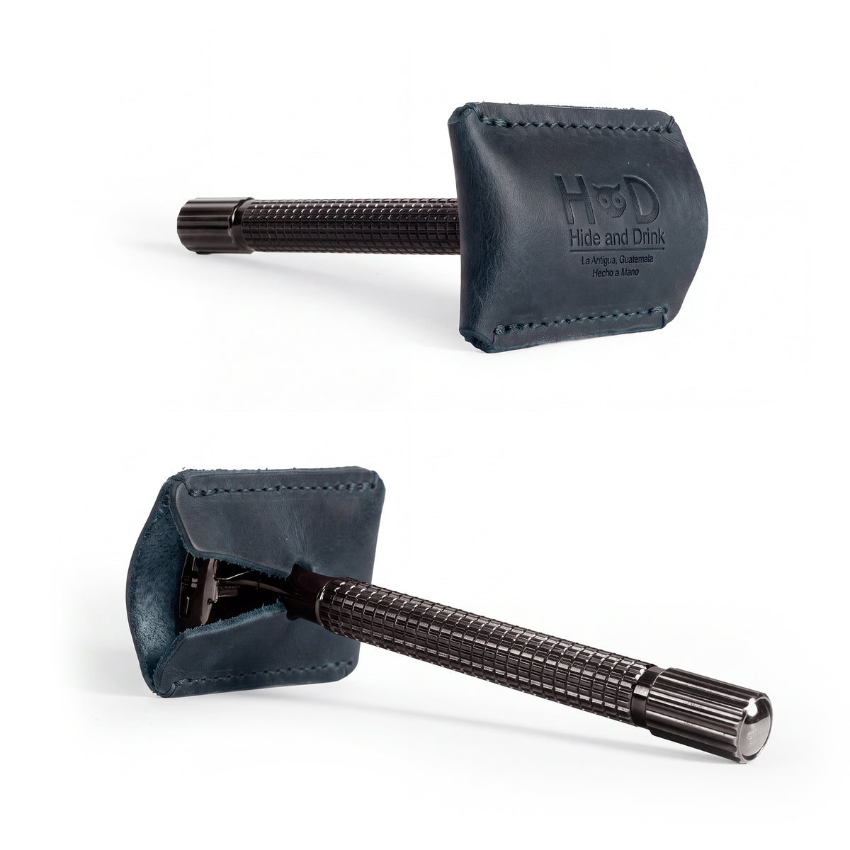 Razor Head Cover by Hide & Drink, showcasing the brand logo on a protective sheath for double edge razors. Perfect for travel, this full grain leather item emphasizes the handmade quality, with features of small batch production, hand cut, and artisan craftsmanship from La Antigua Guatemala and Oaxaca Mexico.